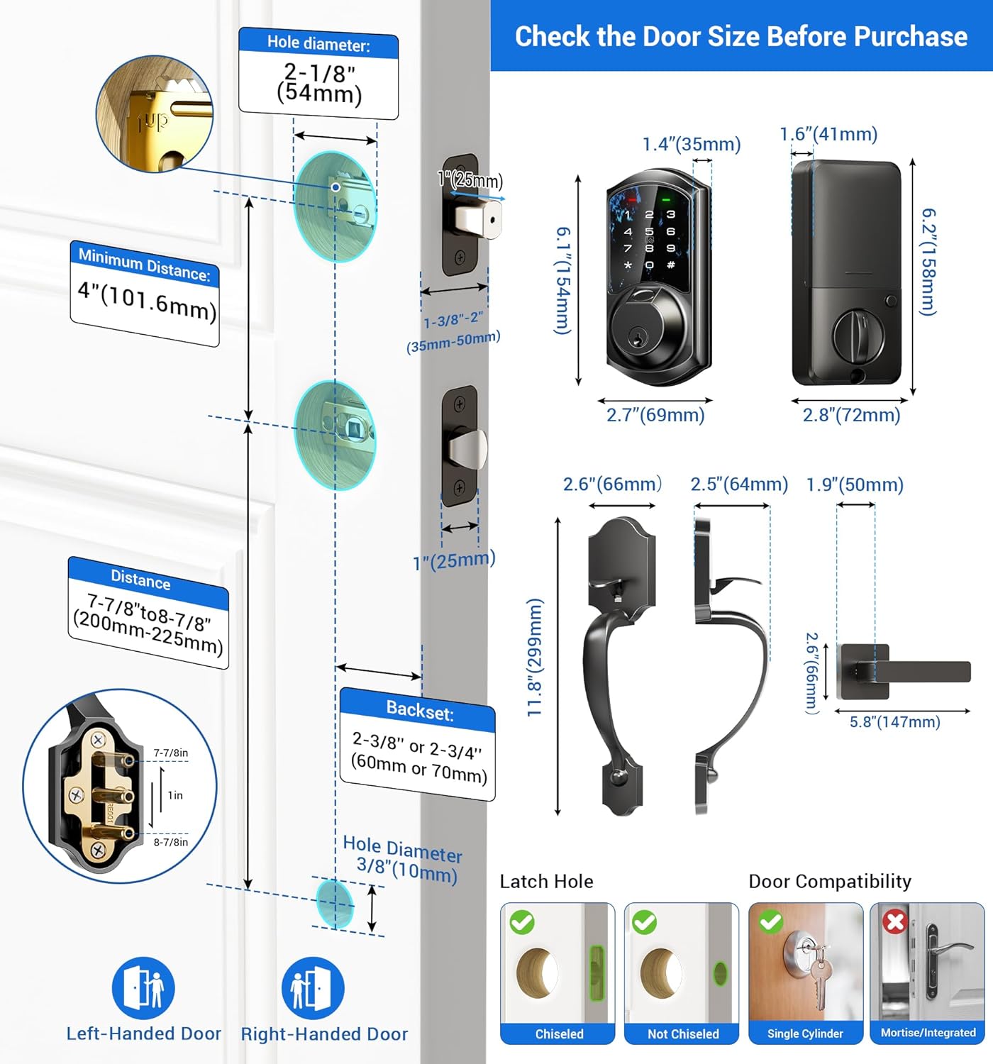 Veise VE07-H Fingerprint Smart Locks for Front Door with Handle Set, App Control, Keyless Entry Keypad Deadbolt, Digital Electronic Touchscreen, Easy Install, Auto Lock