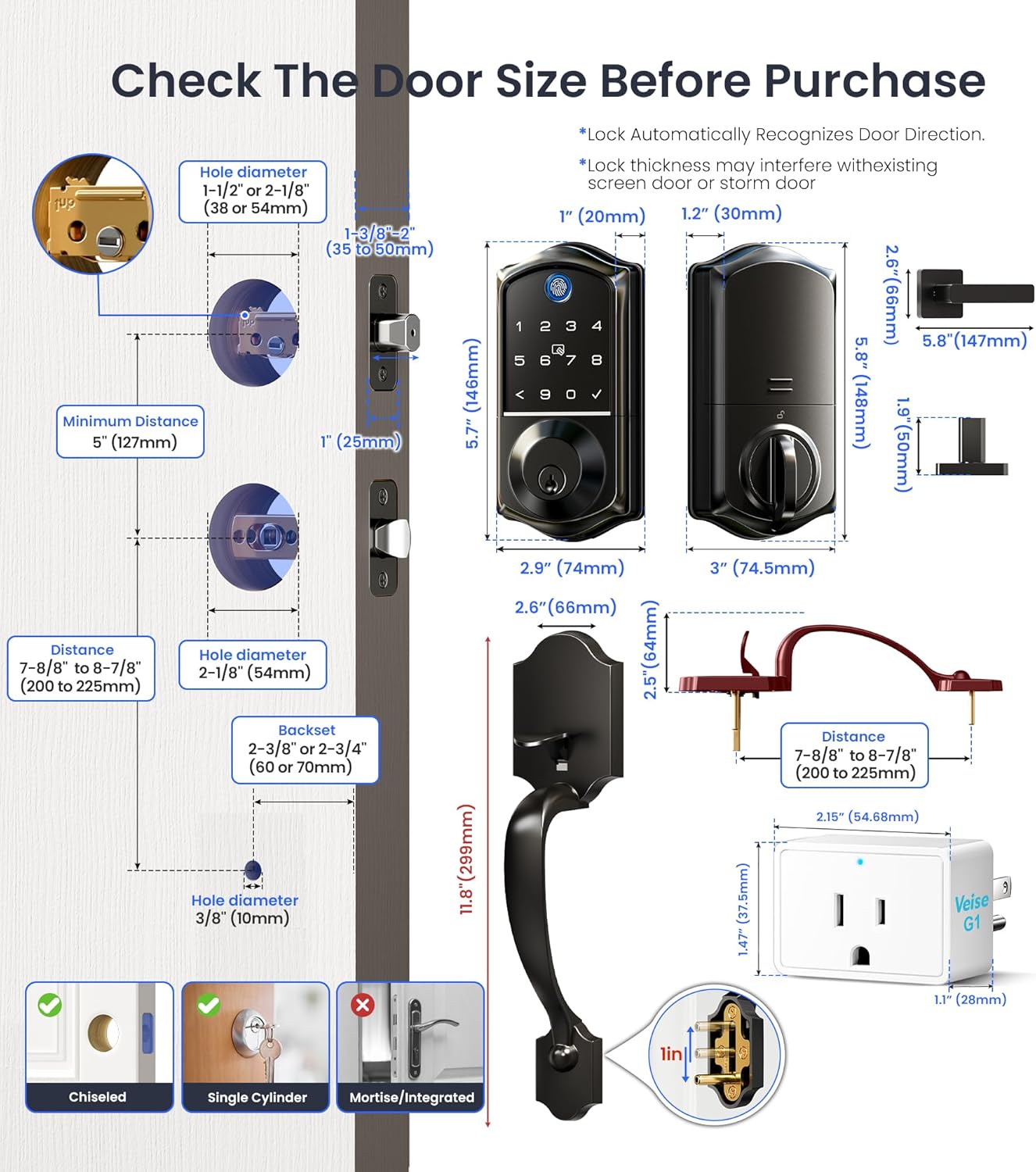 Fits doors 1-3/8" to 2" thick with 2-3/8" or 2-3/4" backset; compatible with chiseled and single cylinder, not mortise.