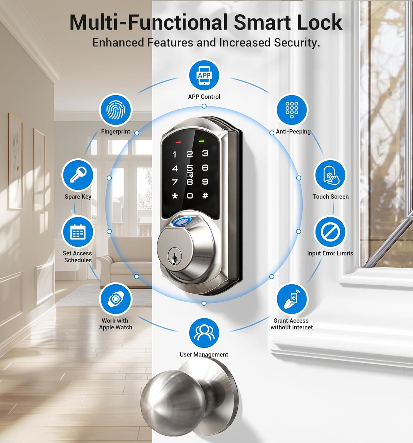 Veise VE07 Fingerprint Smart Lock for Front Door, 7-in-1 Keyless Entry Deadbolt with App Control, Electronic Digital Locks with Touchscreen Keypad, Auto Lock, Easy Install, Waterproof
