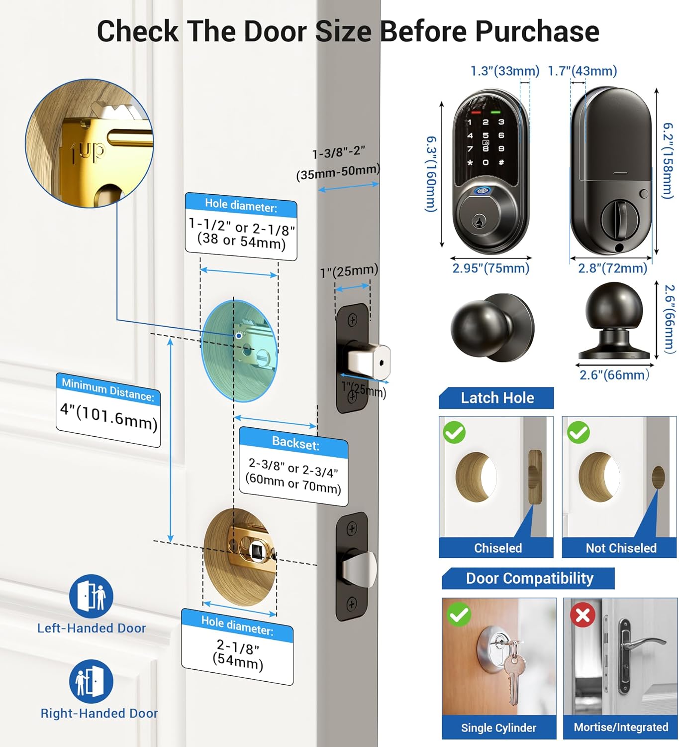 Veise RZ07C Smart Locks for Front Door, 2 Knob Handle Set, Fingerprint Keyless Entry, App Control Biometric Door Lock, Electronic Digital Touchscreen Keypad Deadbolt, Easy Install, Auto Lock