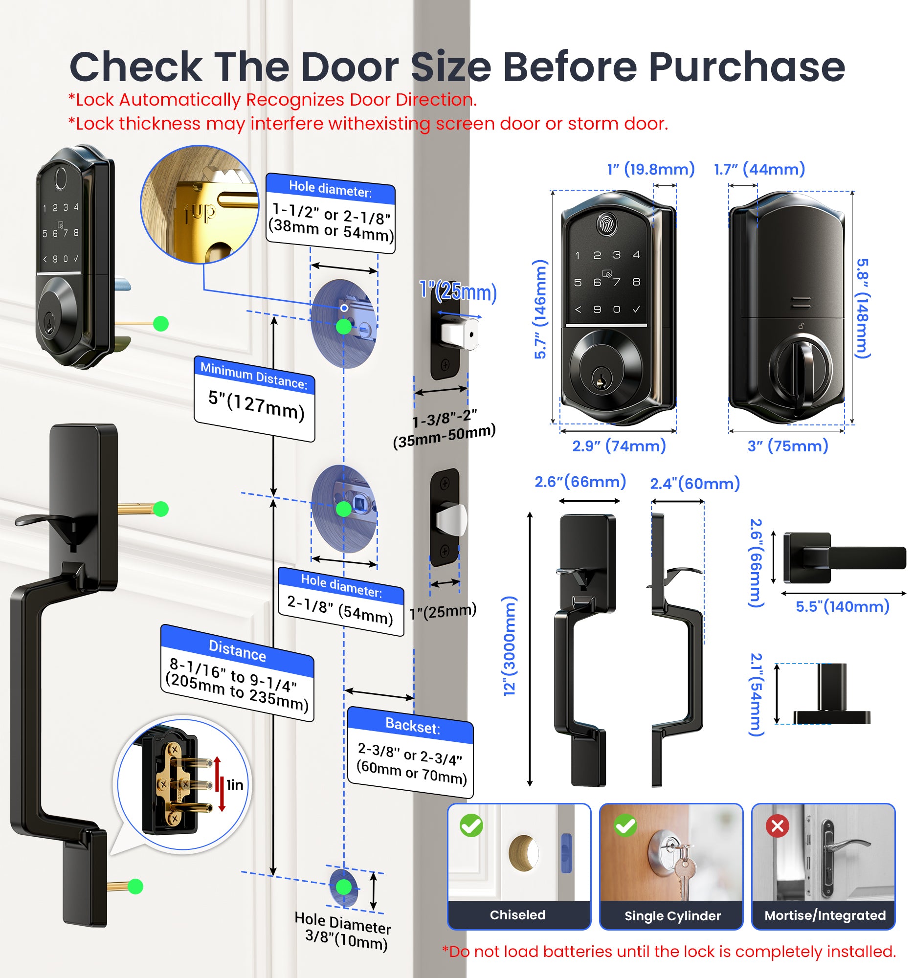 Veise VE017-D Fingerprint Smart Front Door Lock Set, App Control, 7-in-1 Keyless Entry Deadbolt with Lever Handle, Emergency Power Port, Auto Lock, Touchscreen Keypad, Easy Install