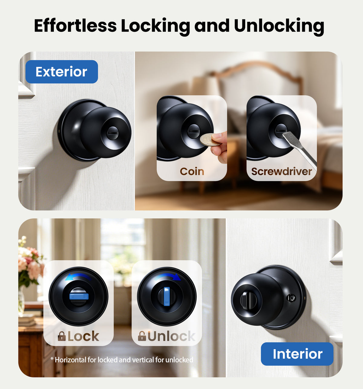 Veise KF06  Privacy Door Knobs Set, Keyless Interior Door Locks for Bedroom & Bathroom