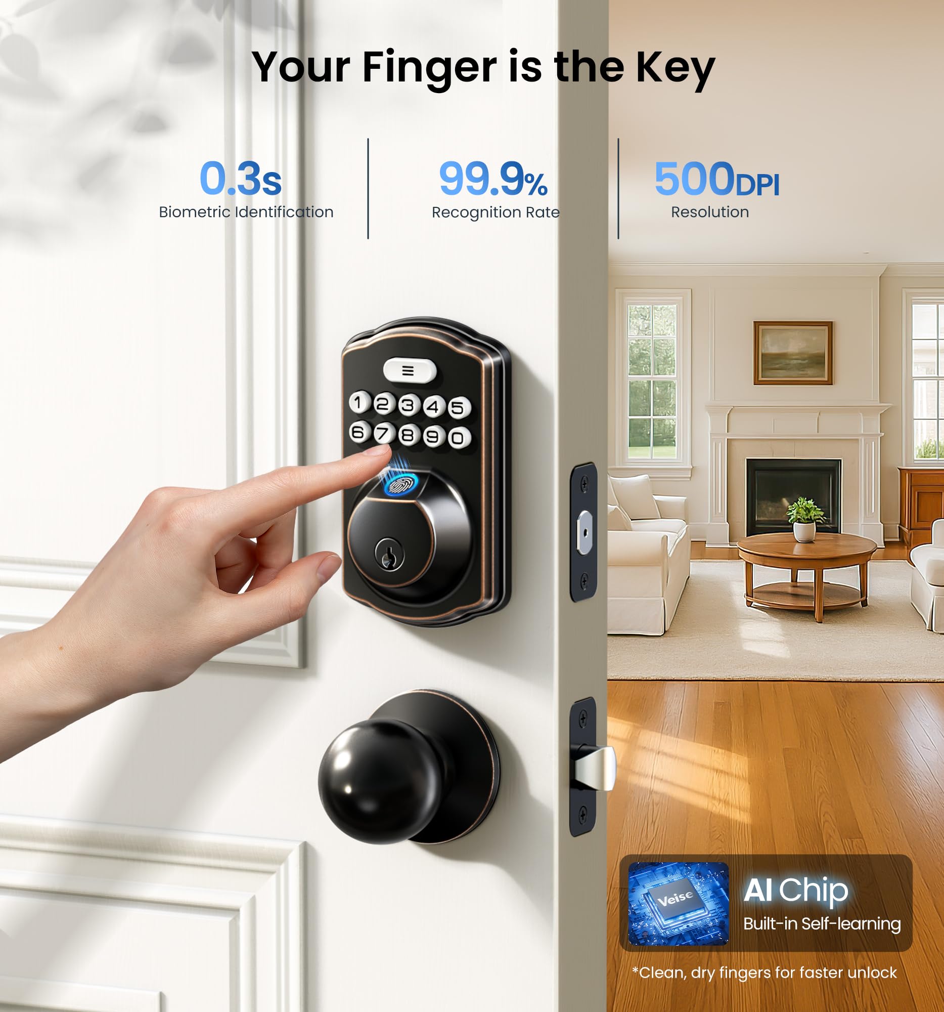 Veise KS02C Fingerprint Deadbolt Lock with Knobs