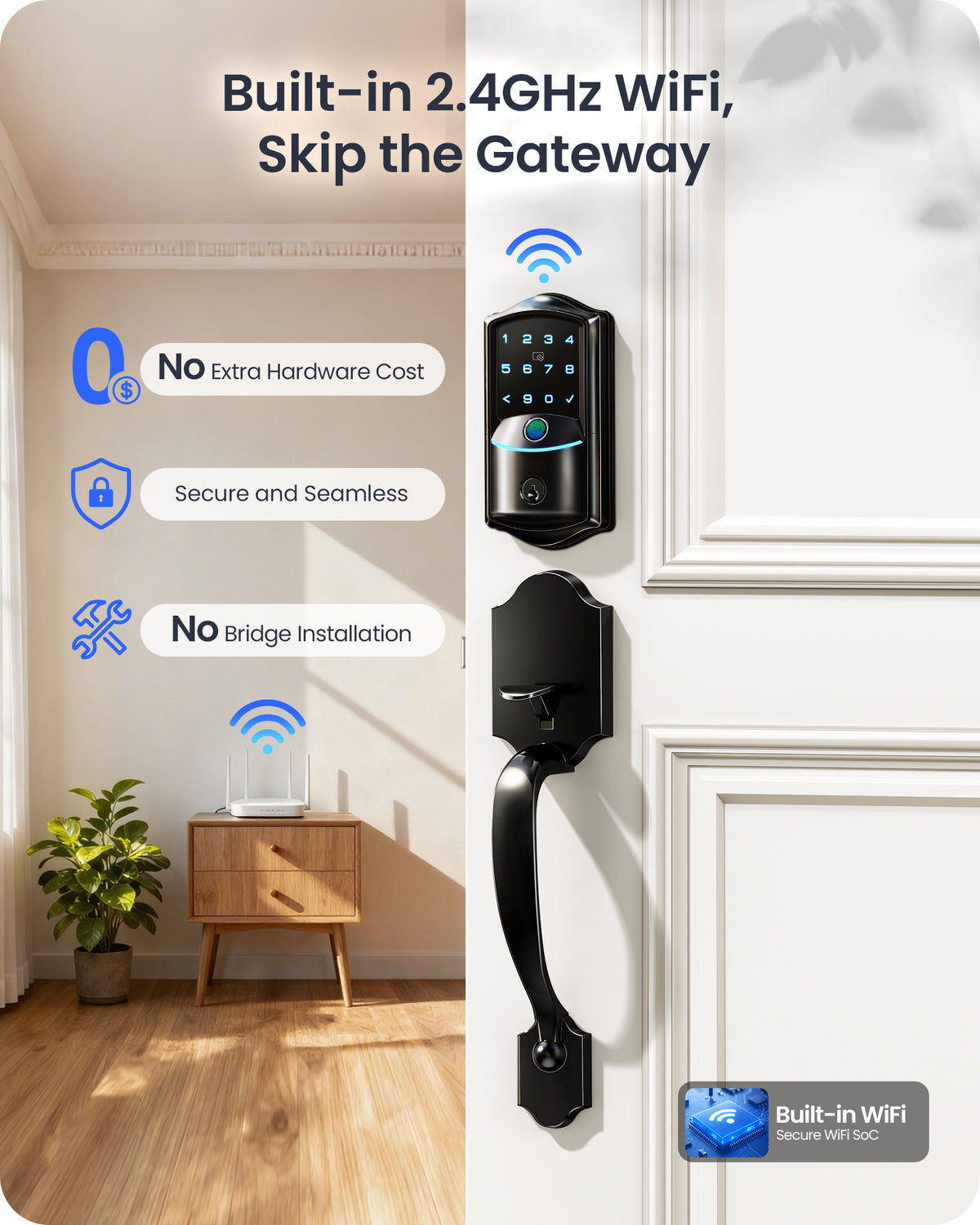 Veise VE027-H Wi-Fi Fingerprint Smart Deadbolt Lock with Handleset #Color_Matte Black