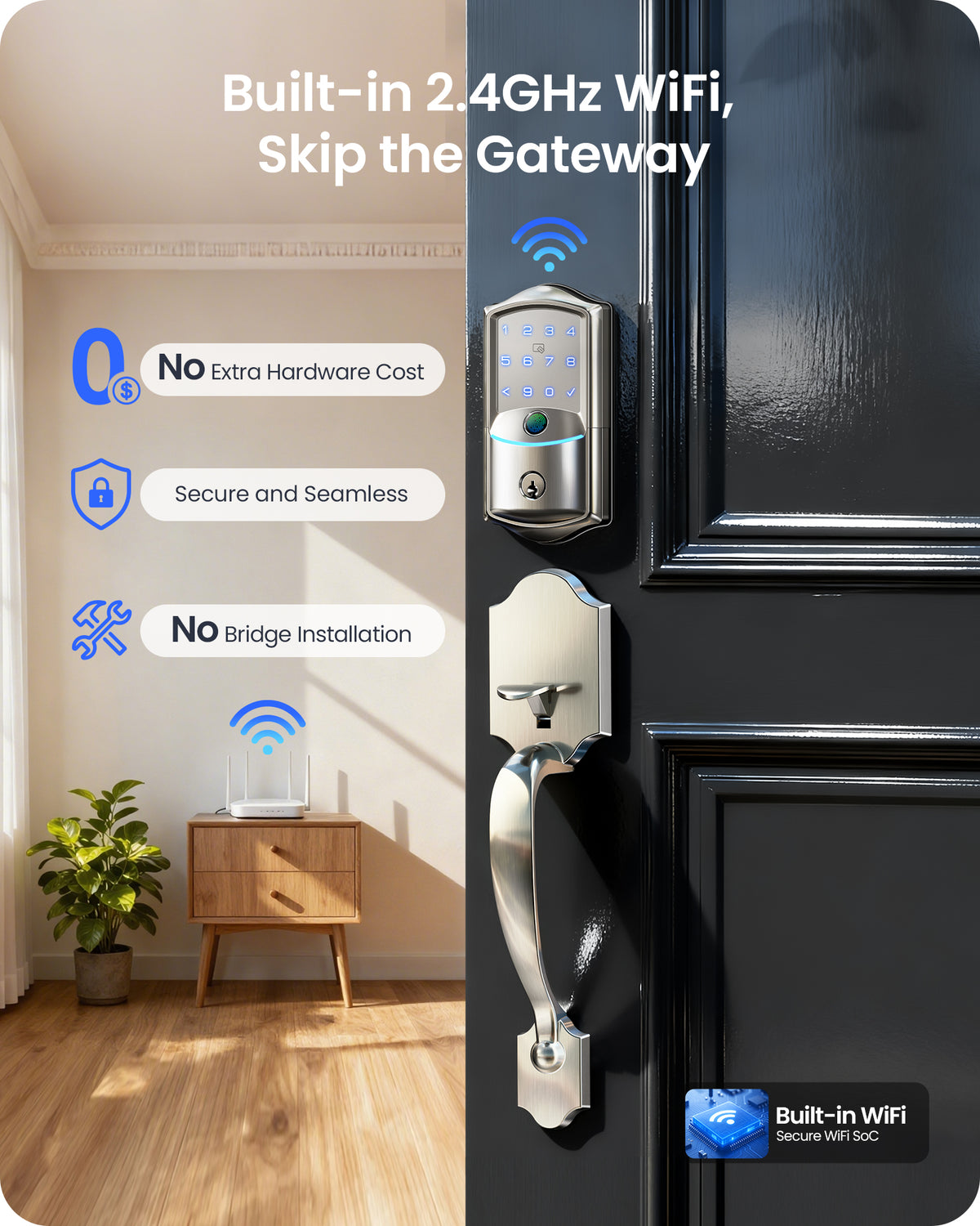 Veise VE027-H Wi-Fi Fingerprint Smart Deadbolt Lock with Handleset #Color_Satin Nickel