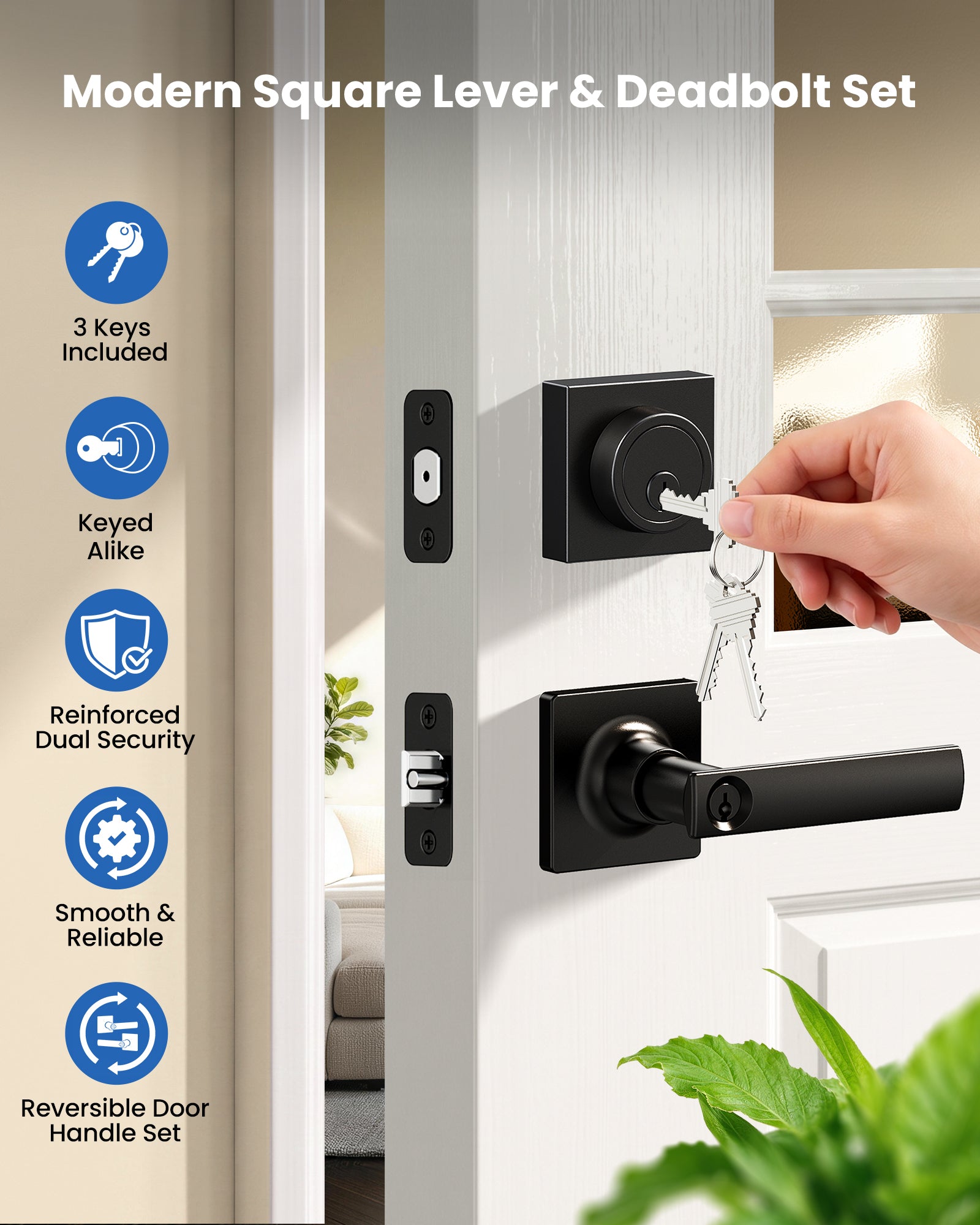 Veise ZLY01 Square Front Door Handle Set with Deadbolt