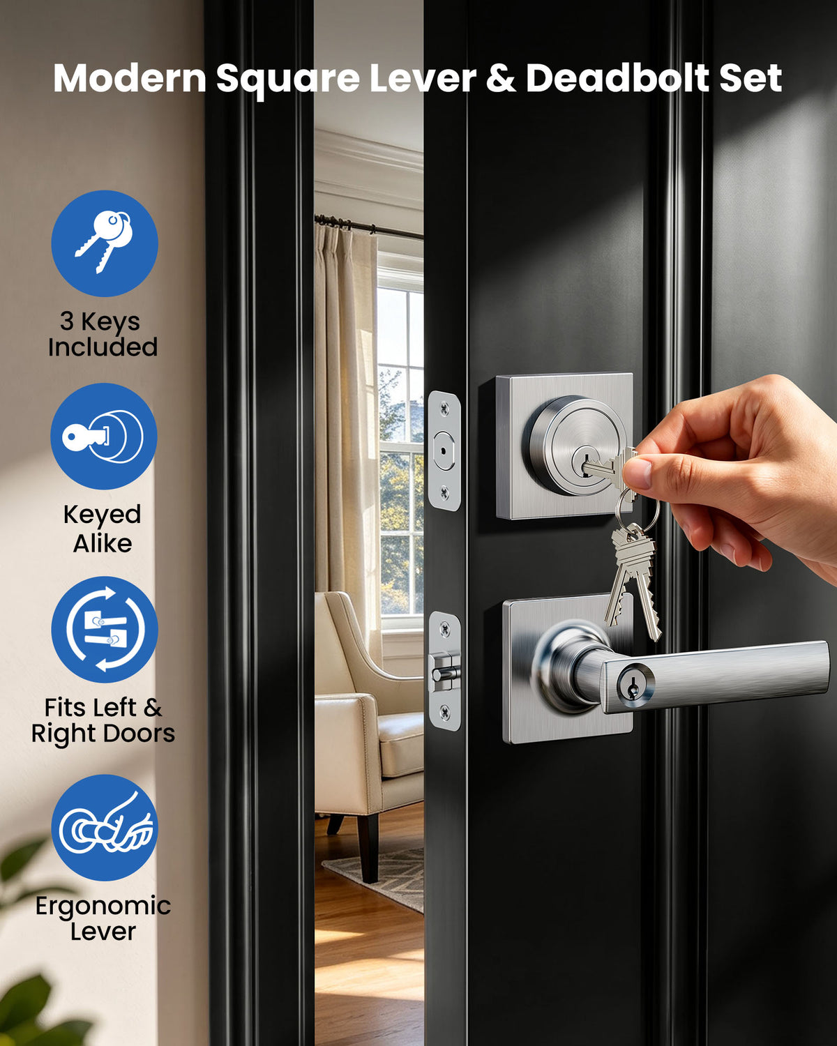 ZLY01 Square Front Door Handle Set with Deadbolt #Color_Satin Nickel