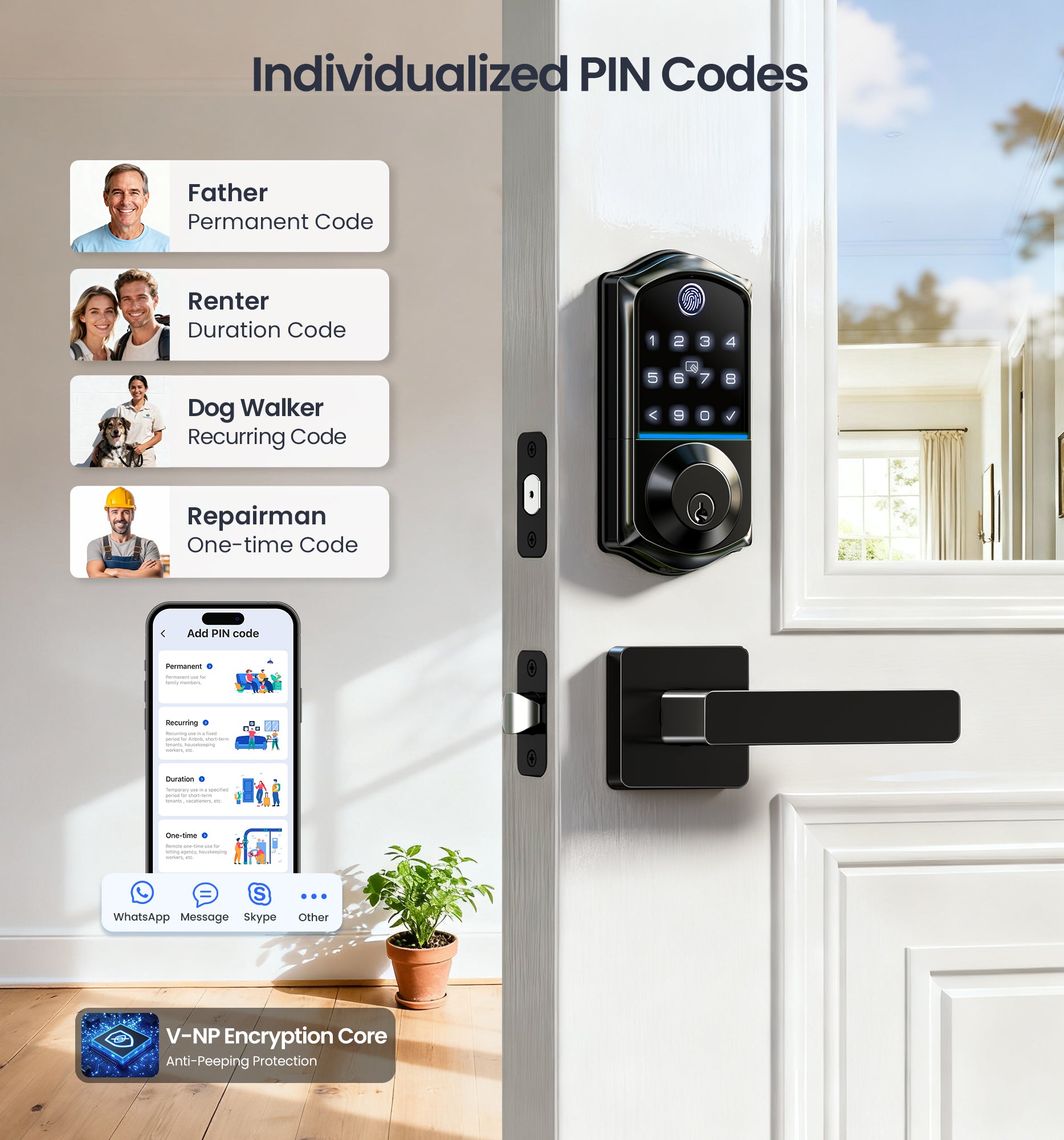 Veise VE017-B Fingerprint Smart Lock for Front Door, App Control, 7-in-1 Keyless Entry Deadbolt with 2 Zinc Alloy Lever Handles Set, Emergency Power Port, Auto Lock, Electronic Keypad