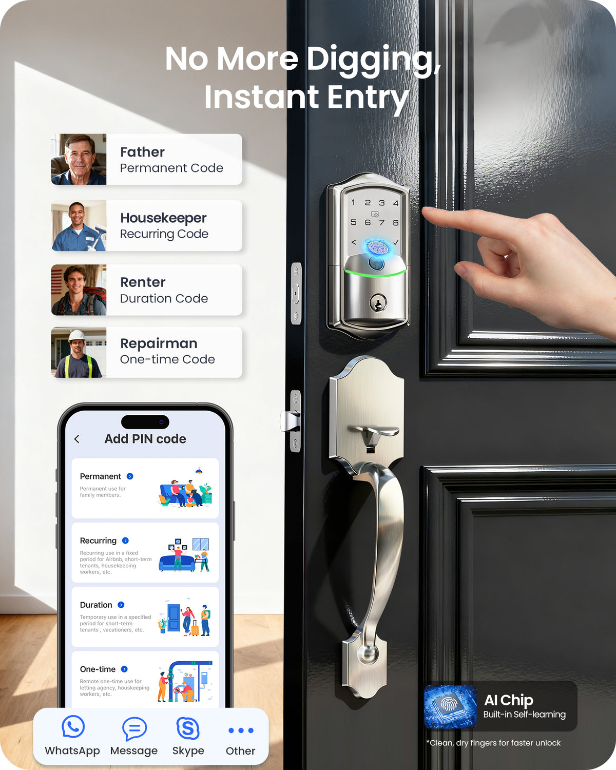 Veise VE027-H Wi-Fi Fingerprint Smart Deadbolt Lock with Handleset #Color_Satin Nickel