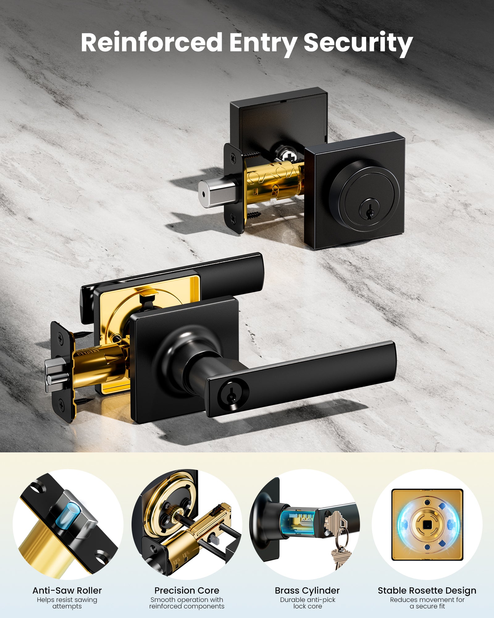 Veise ZLY01 Square Front Door Handle Set with Deadbolt