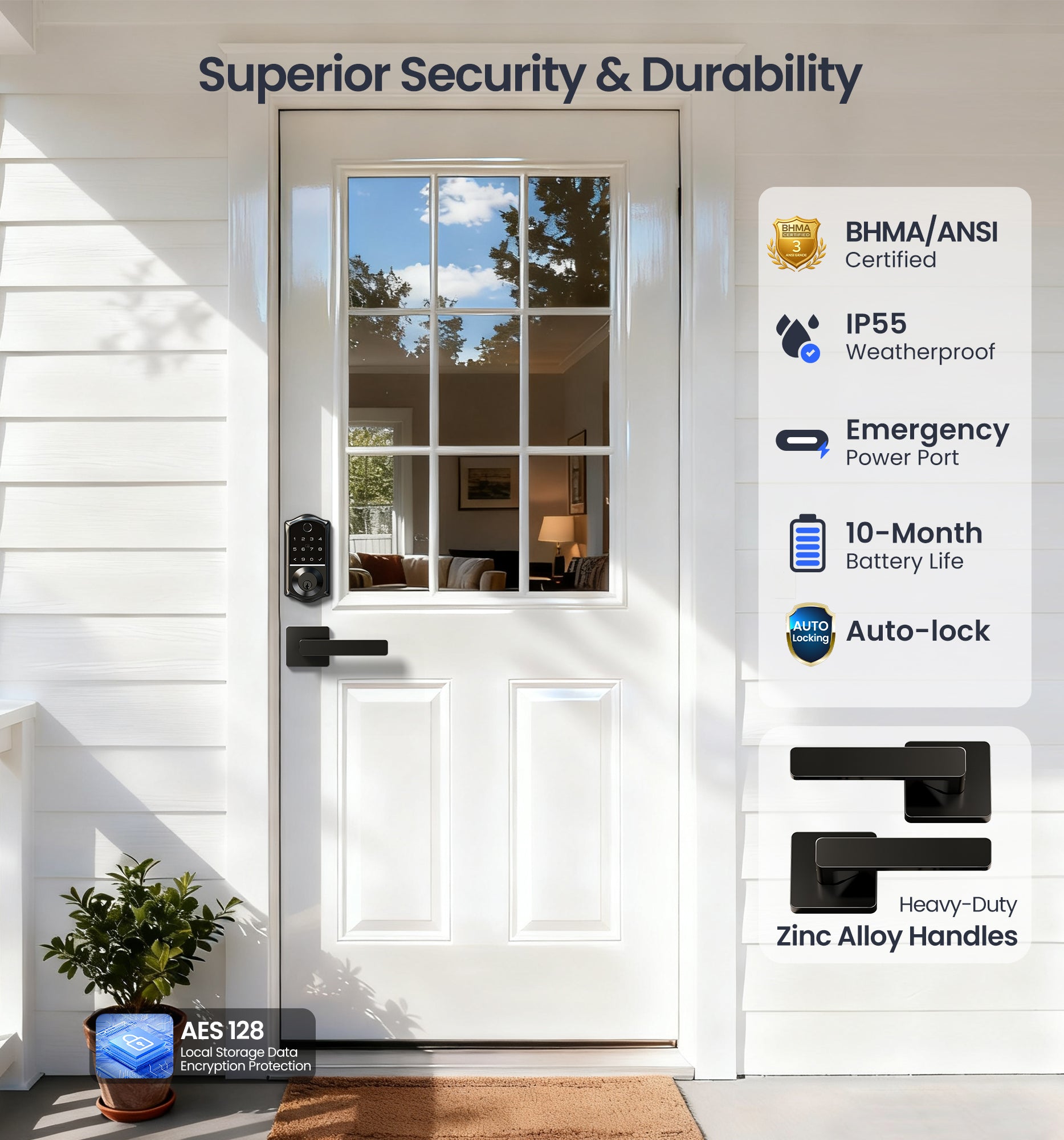 Veise VE017-B Fingerprint Smart Lock for Front Door, App Control, 7-in-1 Keyless Entry Deadbolt with 2 Zinc Alloy Lever Handles Set, Emergency Power Port, Auto Lock, Electronic Keypad