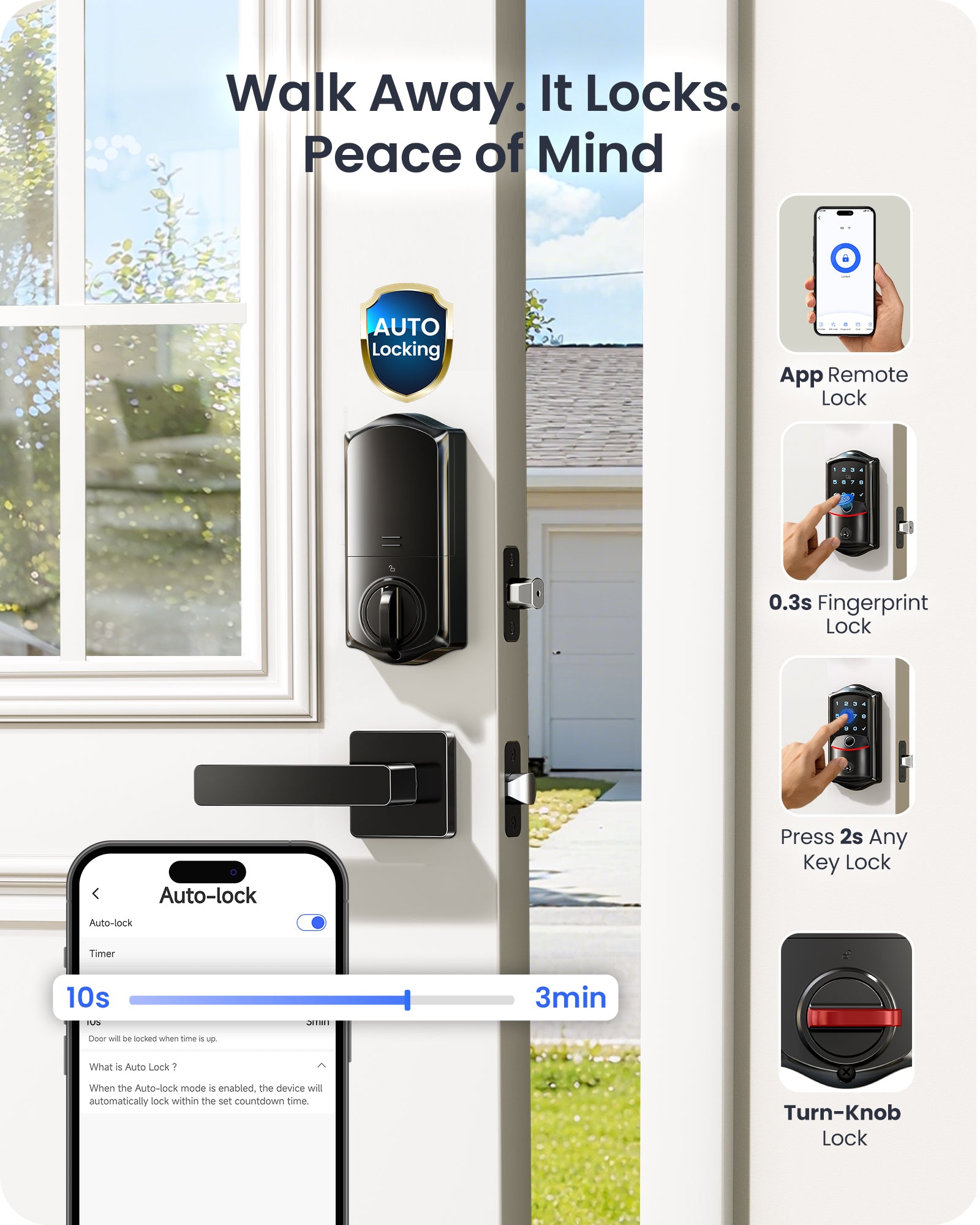 Veise VE027-H Smart Door Lock with Handleset, Built-in Wi-Fi, App Remote Control, Fingerprint Keyless Entry Door Lock, Auto-Lock, Keypad Front Door Lock Set, 240-Day Battery Life, Easy Setup, 2.4GHz