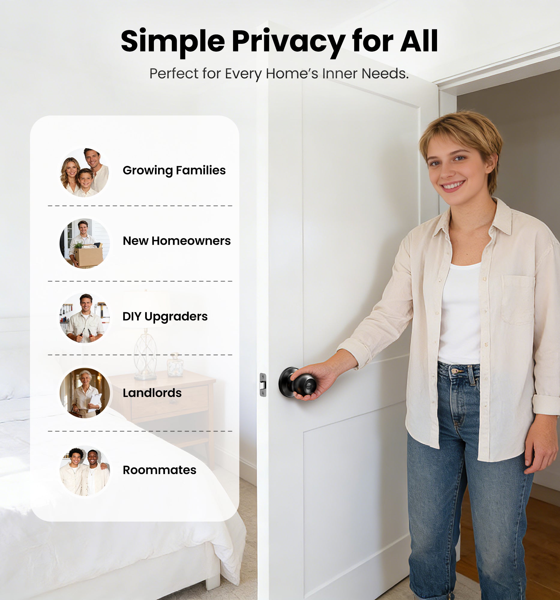 Veise KF01 Privacy Door Knob, Keyless Interior Door Locks for Bedroom & Bathroom