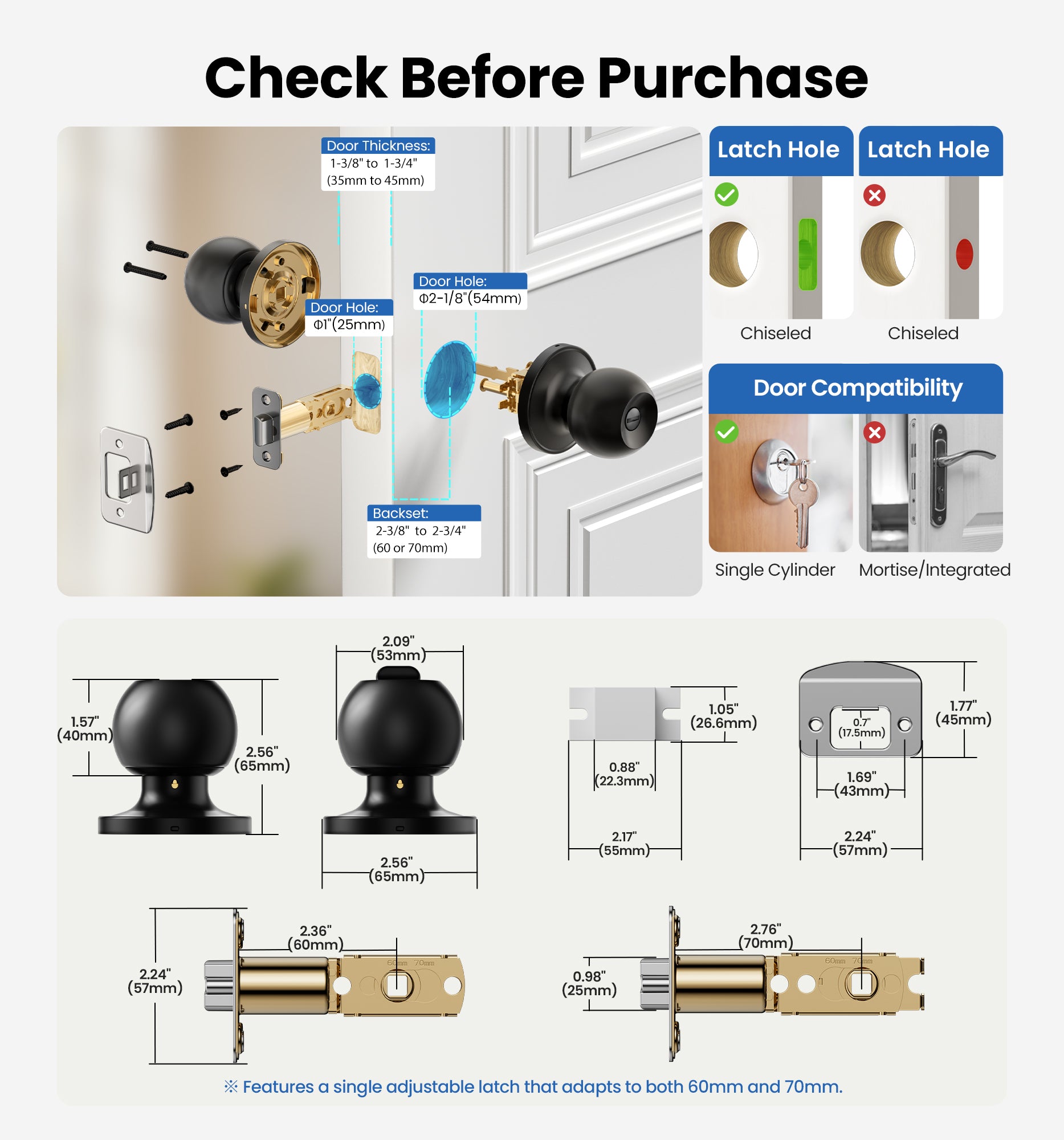 Veise KF01 Privacy Door Knob, Keyless Interior Door Locks for Bedroom & Bathroom