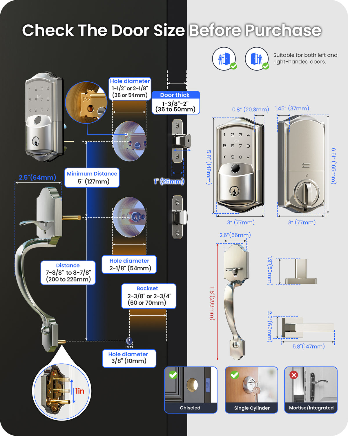 Veise VE027-H Wi-Fi Fingerprint Smart Deadbolt Lock with Handleset #Color_Satin Nickel