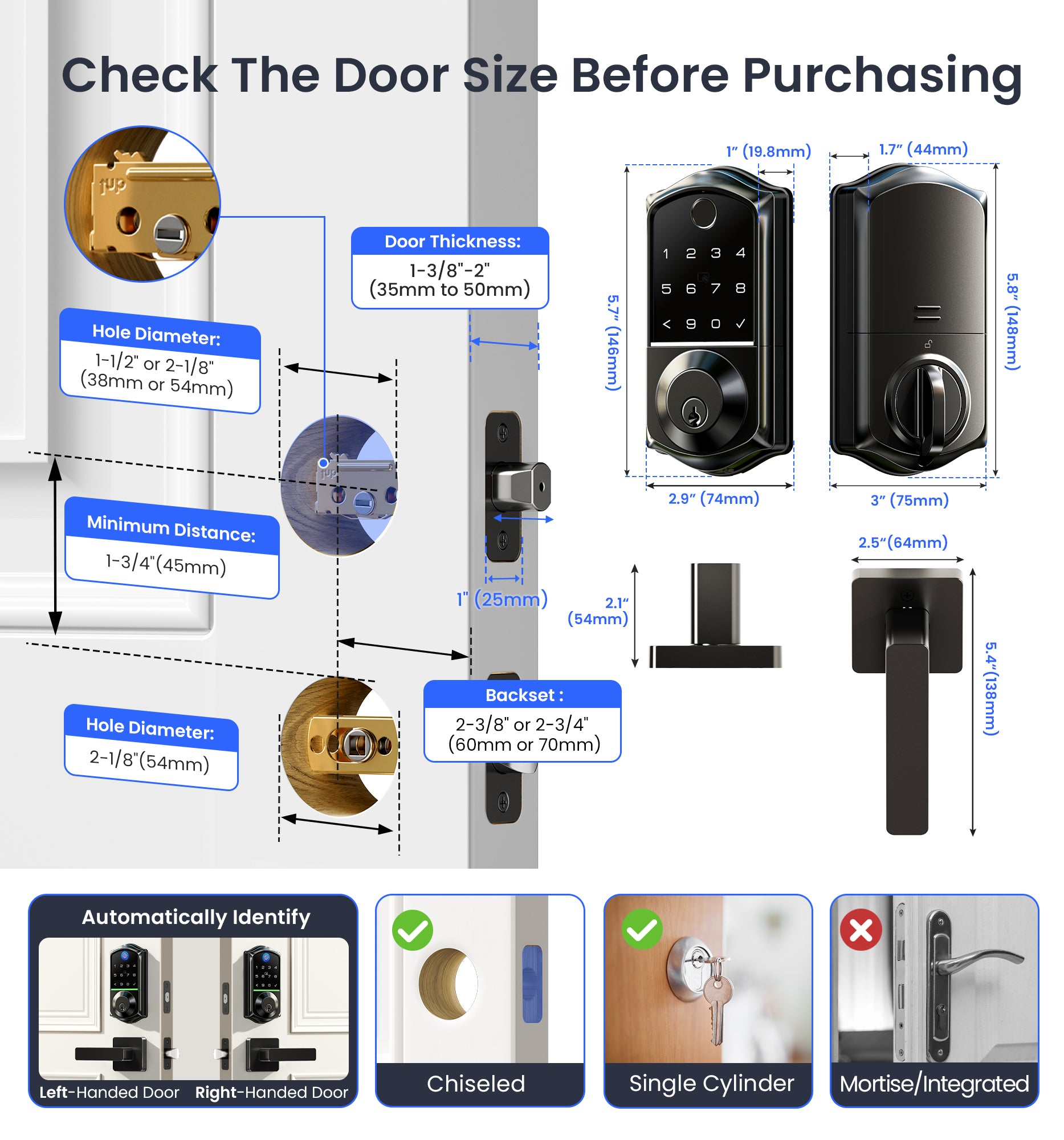 Veise VE017-B Fingerprint Smart Lock for Front Door, App Control, 7-in-1 Keyless Entry Deadbolt with 2 Zinc Alloy Lever Handles Set, Emergency Power Port, Auto Lock, Electronic Keypad