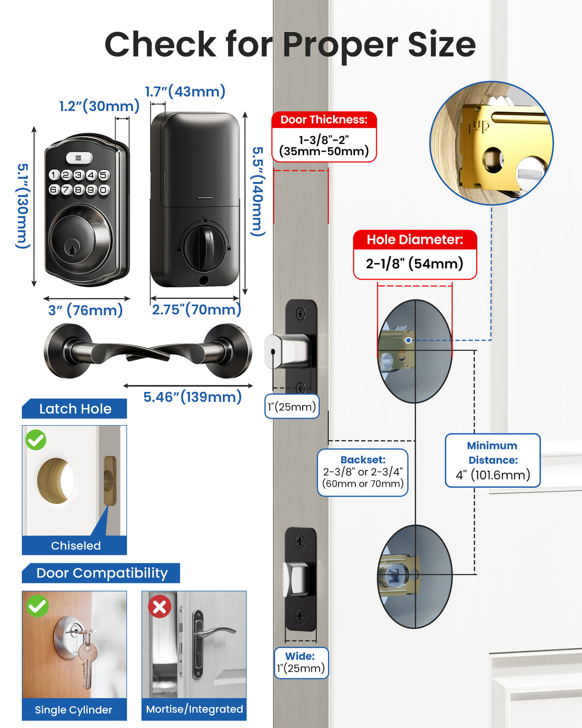 Veise KS01B Keyless Entry Door Lock with 2 Lever Handles #Color_Matte Black