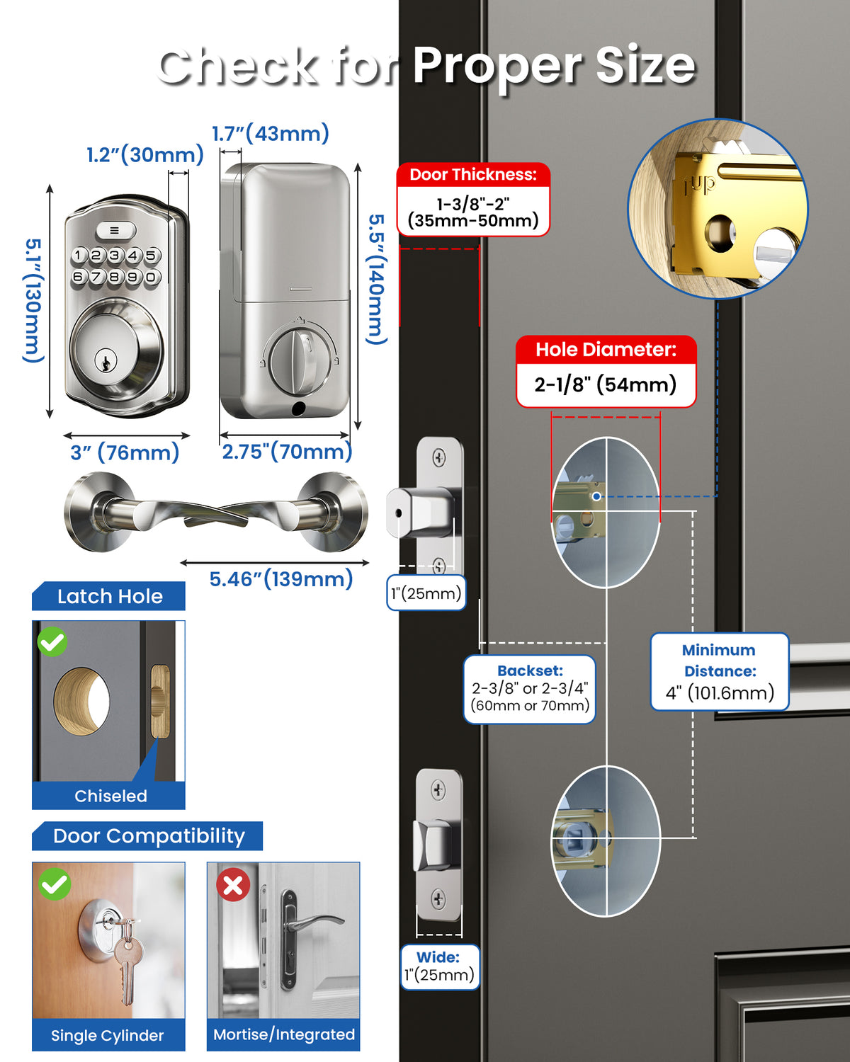 Veise KS01B Keyless Entry Door Lock with 2 Lever Handles #Color_Satin Nickel