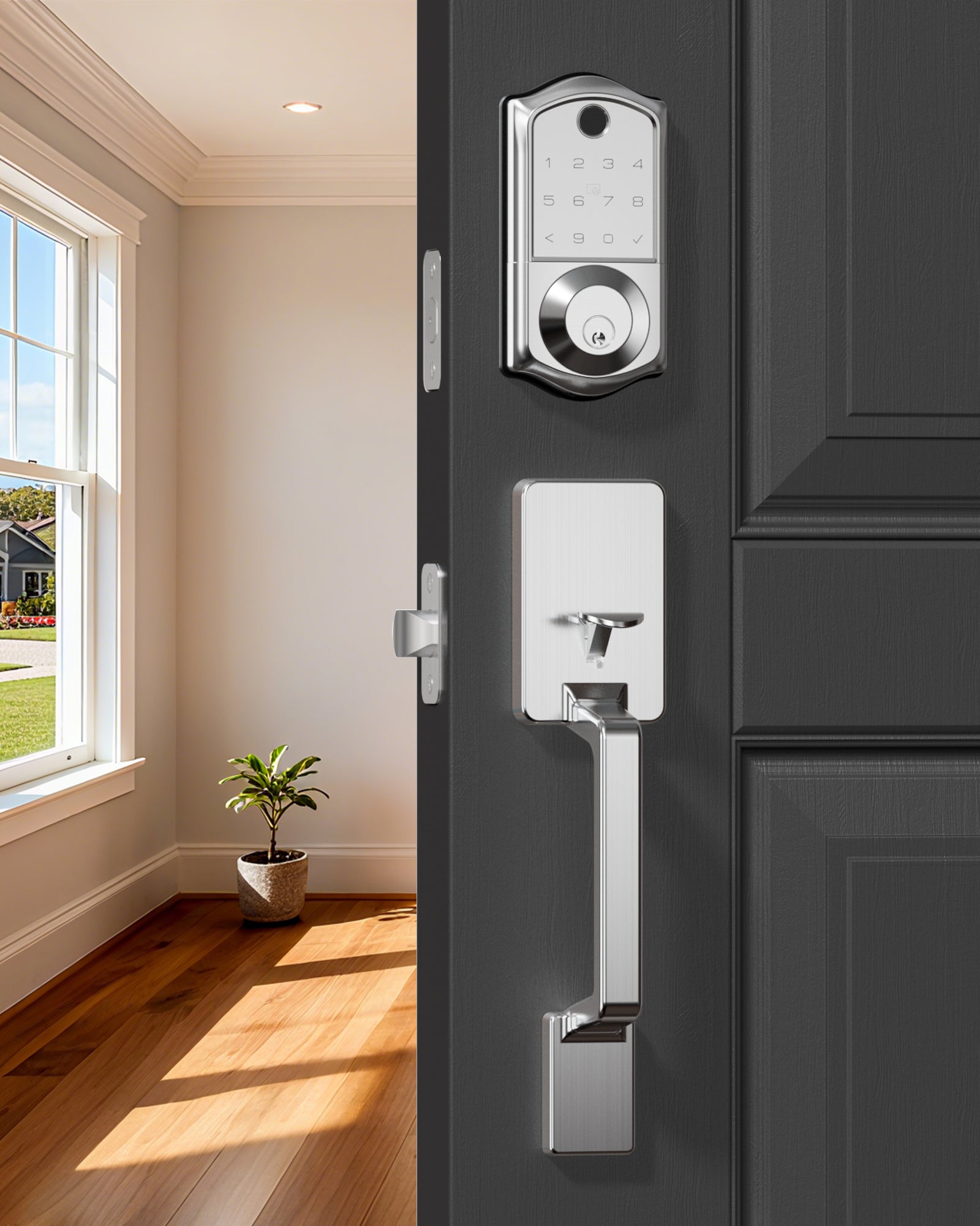 Veise VE017-D Fingerprint Smart Front Door Lock Set, App Control, 7-in-1 Keyless Entry Deadbolt with Lever Handle, Emergency Power Port, Auto Lock, Touchscreen Keypad, Easy Install