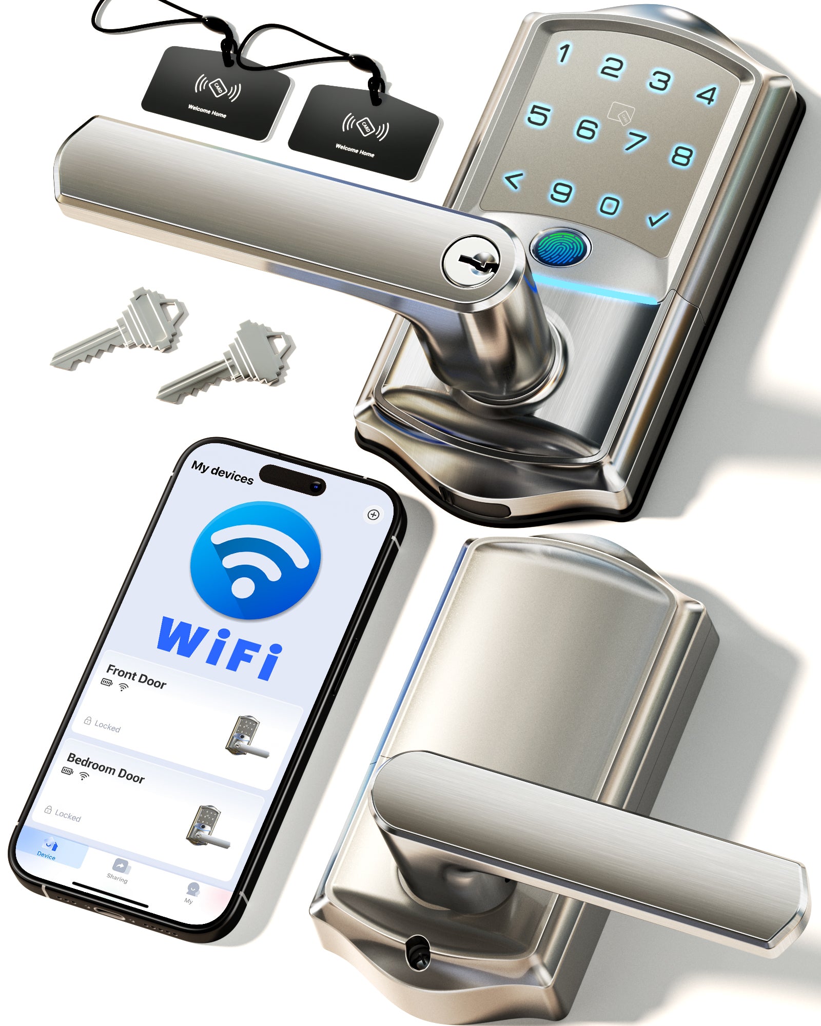 Veise VE029 WiFi Smart Lever Lock, Fingerprint Keyless Entry Door Lock with Handle, Built-in WiFi, Remote App Control, Electronic Deadbolt for Front Door and Bedroom, IP65 Waterproof