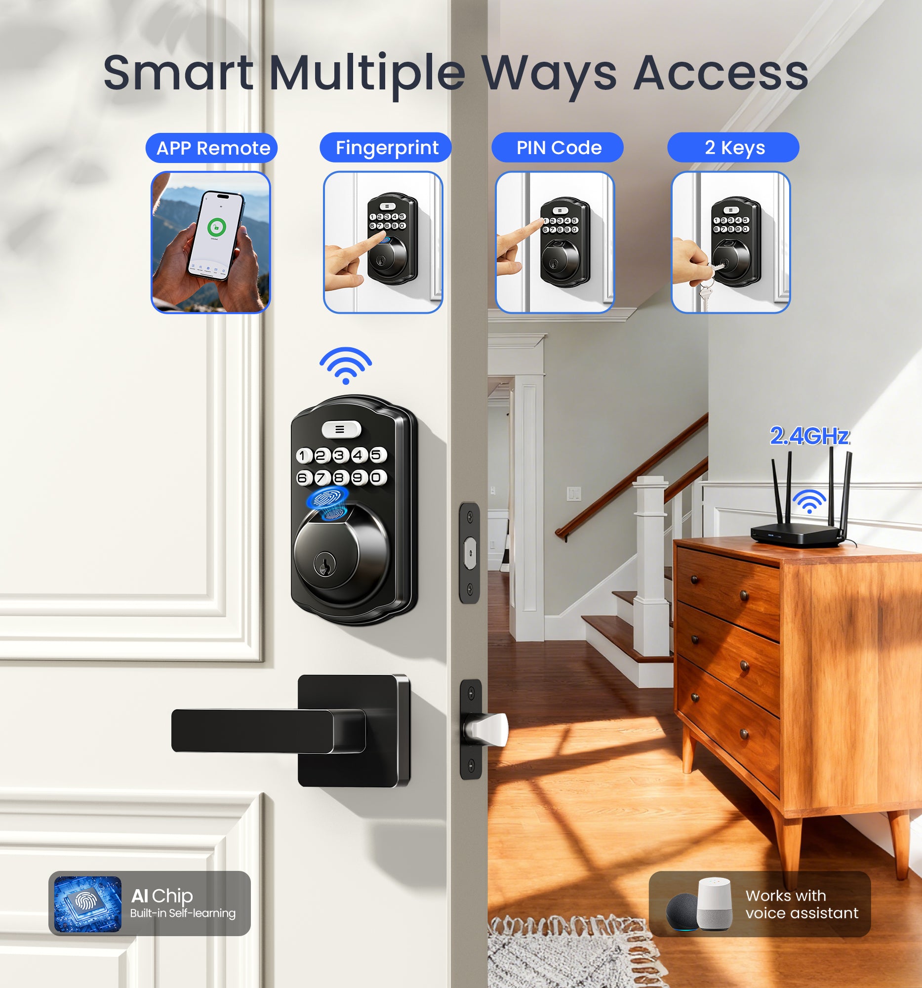 Veise VE012W-L Built-in WiFi Fingerprint Smart Lock with Level Handle Set, App Remote Control, Digital Backlit Keypad Deadbolt, Keyless Entry for Front Door, Voice Assistant, Auto Lock