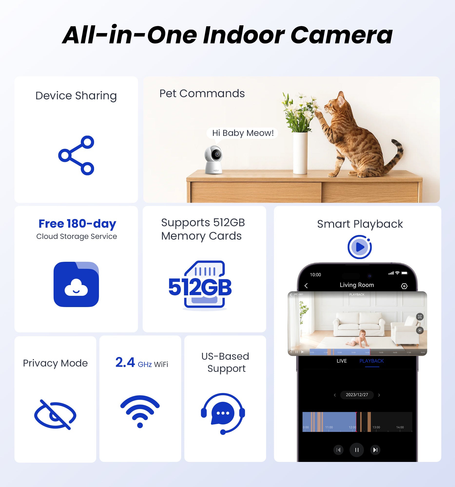 Veise 2K Indoor Security Camera 2.4GHz, 360° Pan/Tilt Pet Camera with Motion Tracking, 2-Way Audio, Night Vision, Cloud/SD Storage, Compatible with Voice Assistant , White