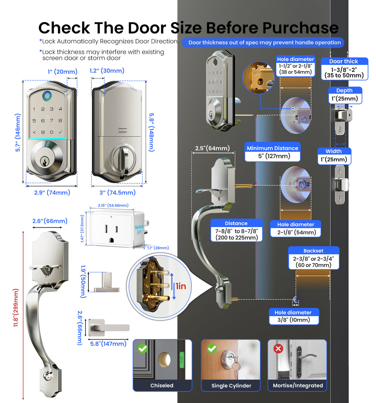 Veise VE017G-H Wi-Fi Smart Fingerprint Front Door Lock Set #Color_Satin Nickel