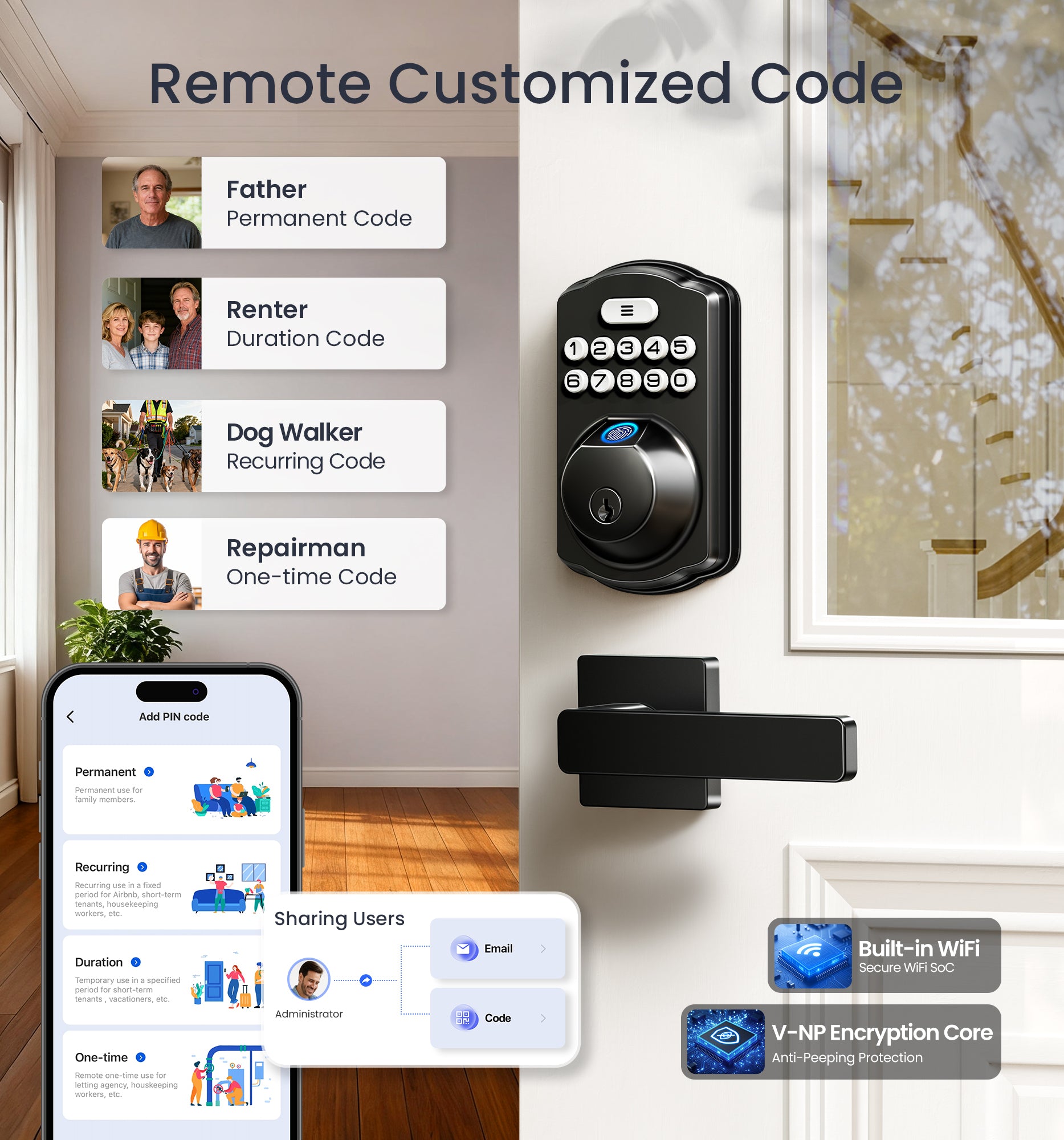 Veise VE012W-L Built-in WiFi Fingerprint Smart Lock with Level Handle Set, App Remote Control, Digital Backlit Keypad Deadbolt, Keyless Entry for Front Door, Voice Assistant, Auto Lock