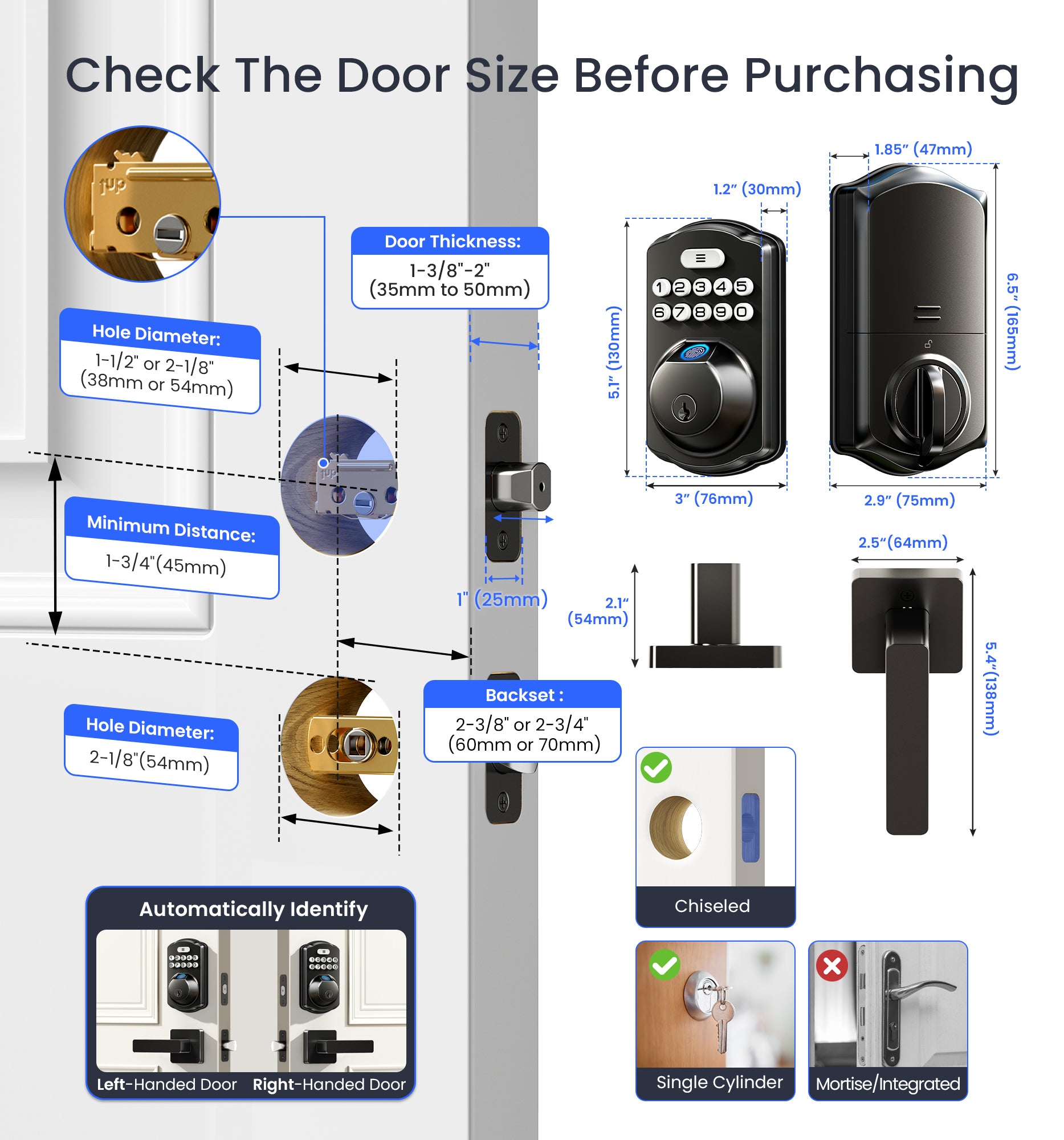 Veise VE012W-L Built-in WiFi Fingerprint Smart Lock with Level Handle Set, App Remote Control, Digital Backlit Keypad Deadbolt, Keyless Entry for Front Door, Voice Assistant, Auto Lock