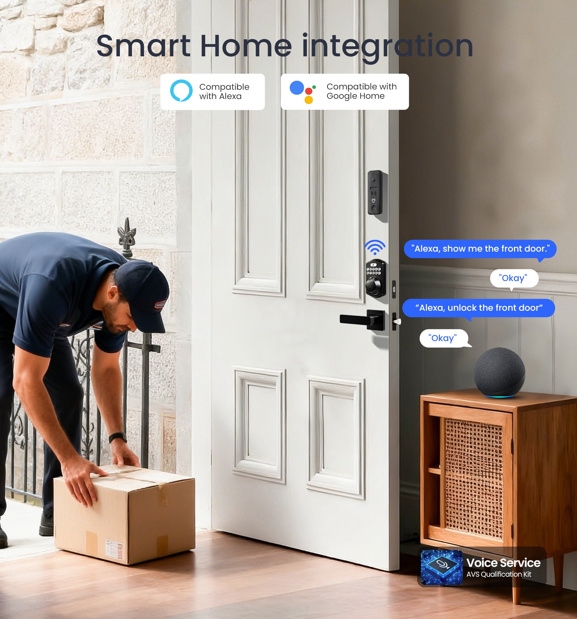 Veise VE012W-L Built-in WiFi Fingerprint Smart Lock with Level Handle Set, App Remote Control, Digital Backlit Keypad Deadbolt, Keyless Entry for Front Door, Voice Assistant, Auto Lock