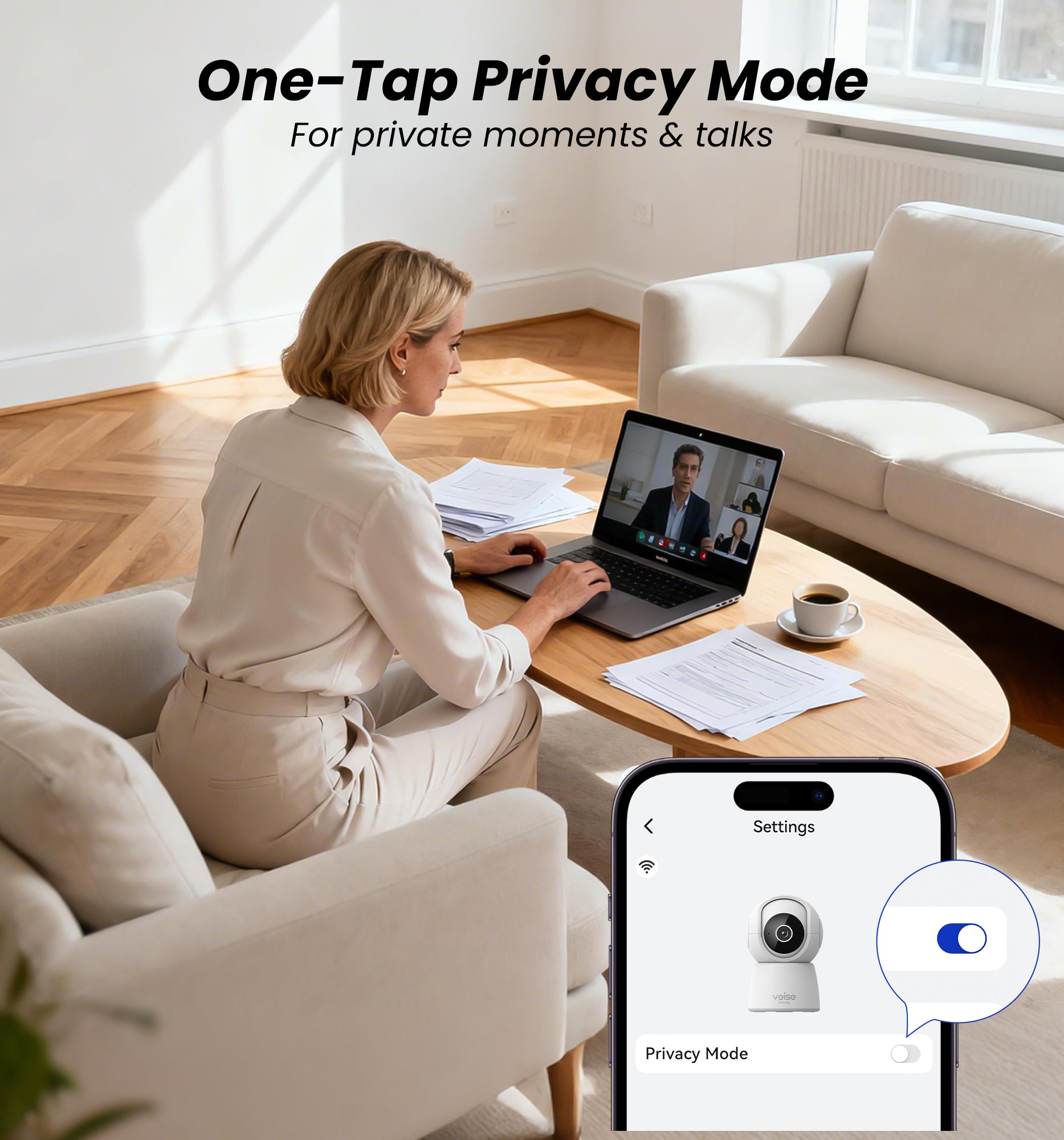 Veise 2K Indoor Security Camera 2.4GHz, 360° Pan/Tilt Pet Camera with Motion Tracking, 2-Way Audio, Night Vision, Cloud/SD Storage, Compatible with Voice Assistant , White