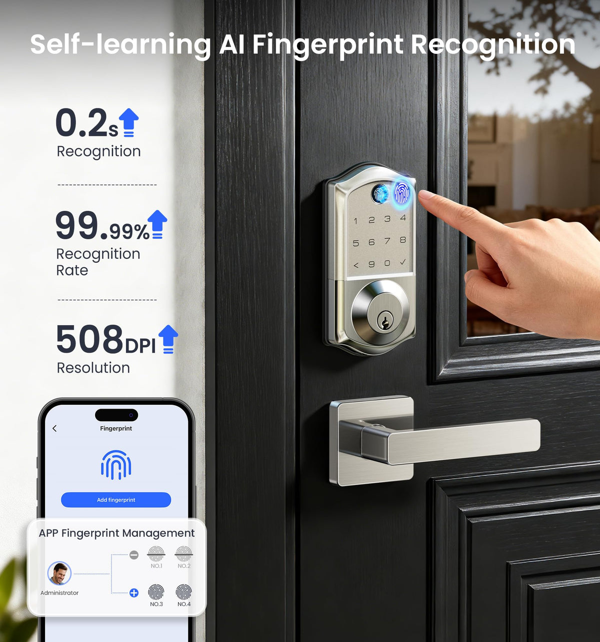Veise VE017 Fingerprint Smart Door Lock with App Control #Color_Satin Nickel