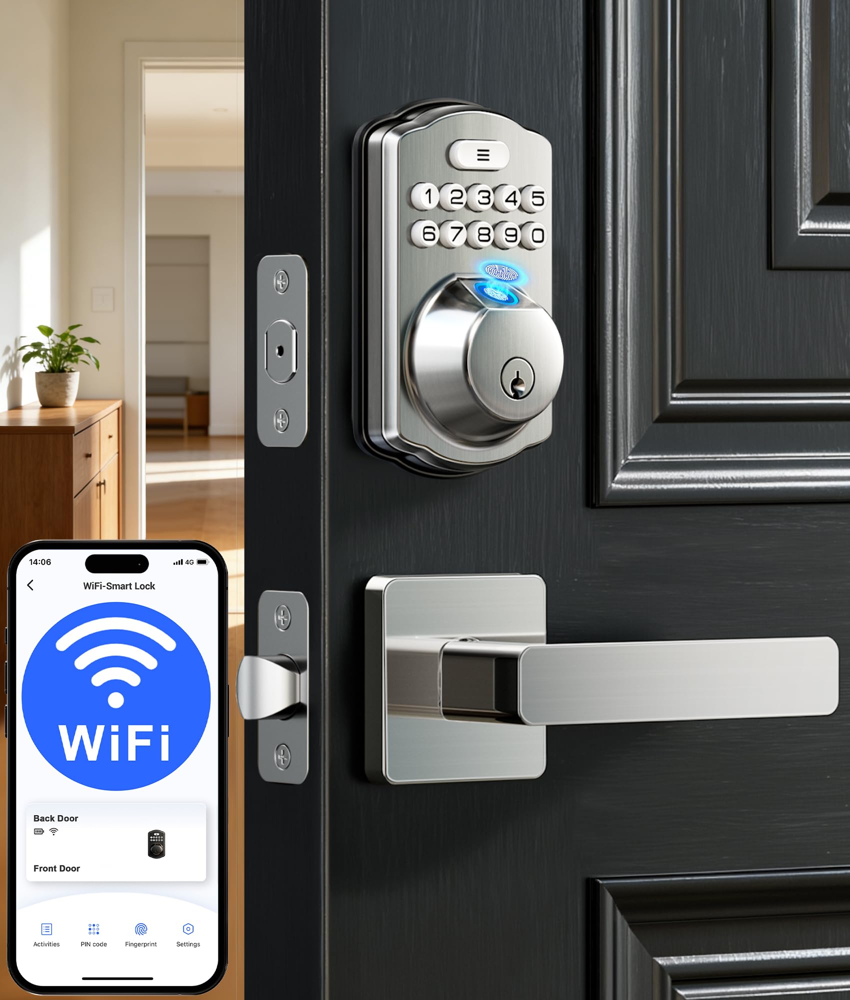 Satin nickel finish on VE012W-L Wi-Fi deadbolt and lever handle set, installed on dark front door