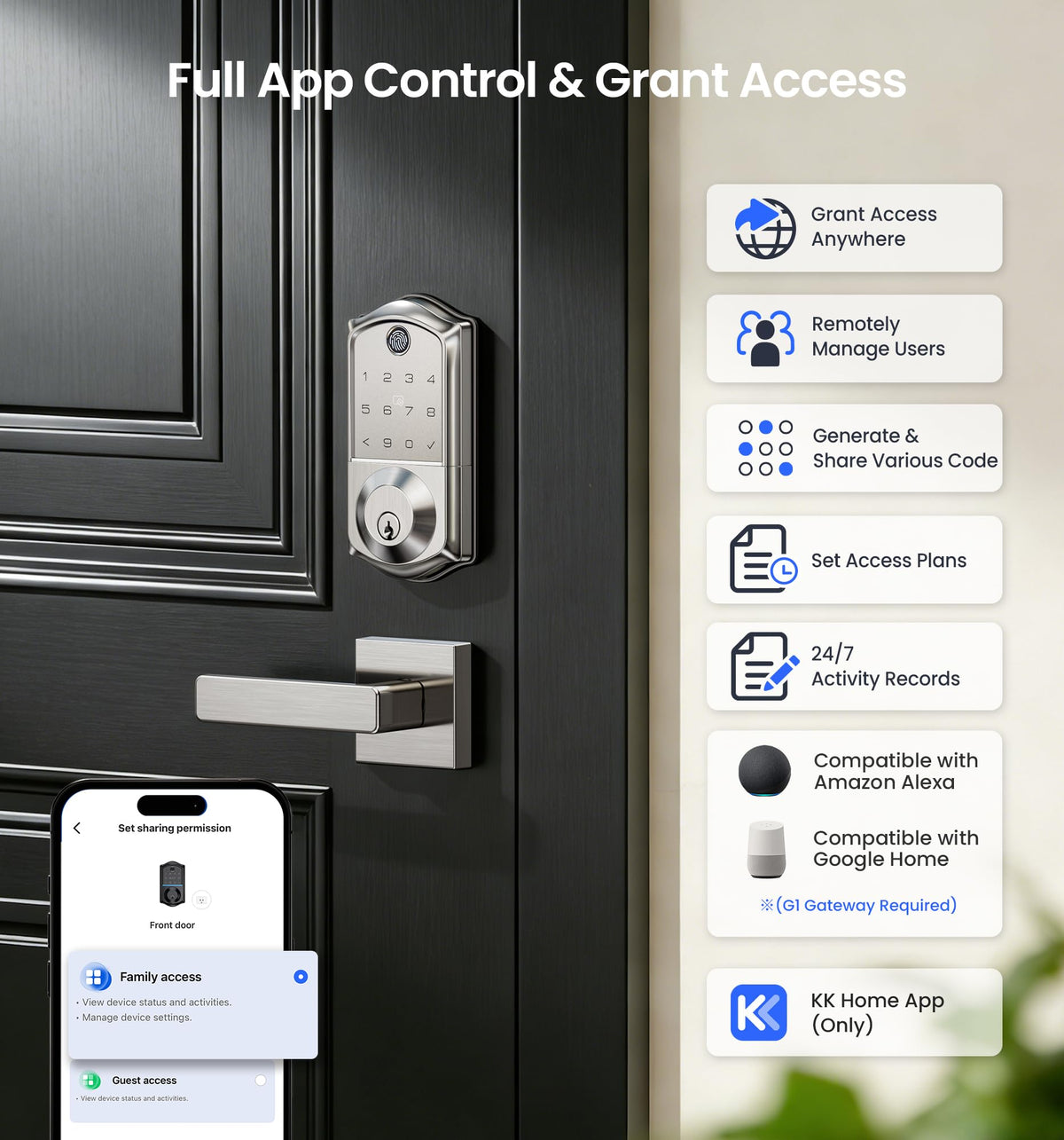 Veise VE017 Fingerprint Smart Door Lock with App Control #Color_Satin Nickel