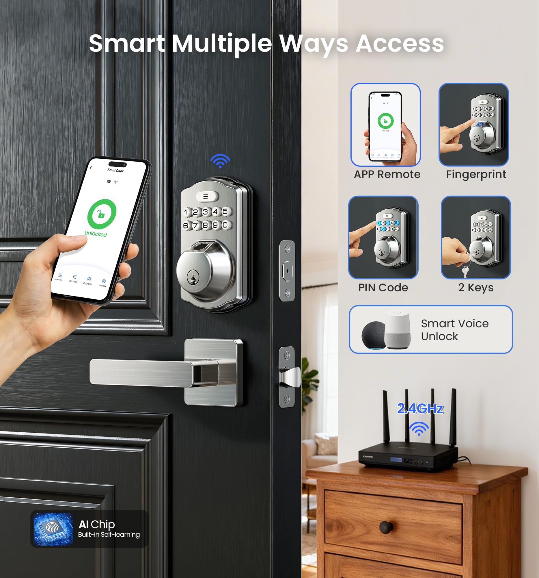 Self-learning AI chip improves fingerprint recognition over time on VE012W-L satin nickel Wi-Fi deadbolt