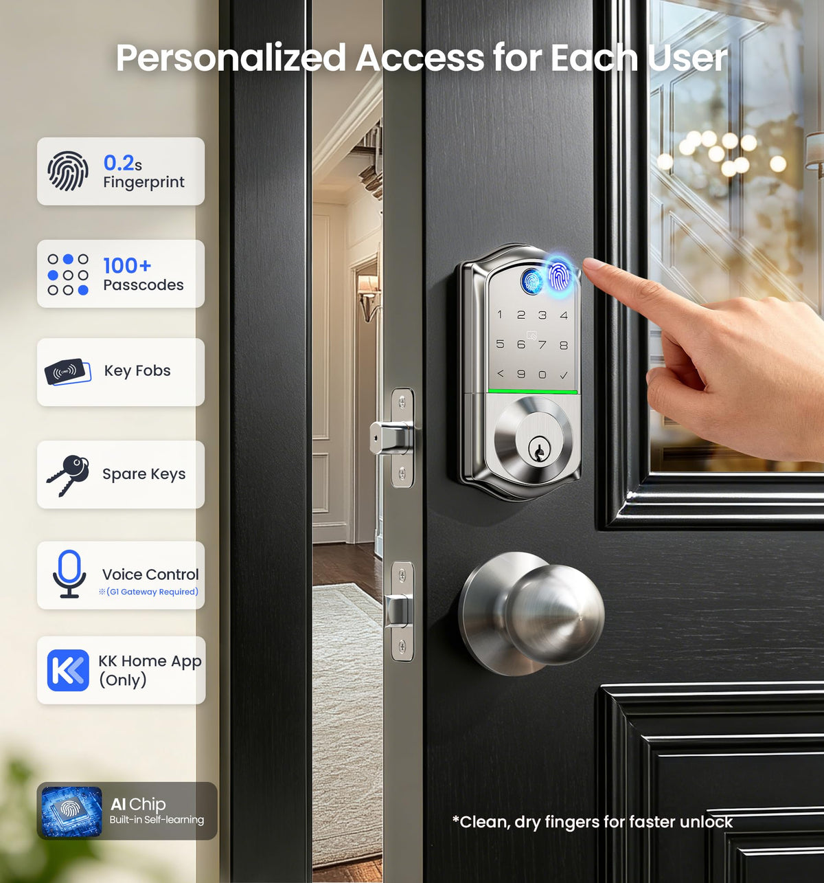 Veise VE017 Fingerprint Smart Door Lock with App Control #Color_Satin Nickel