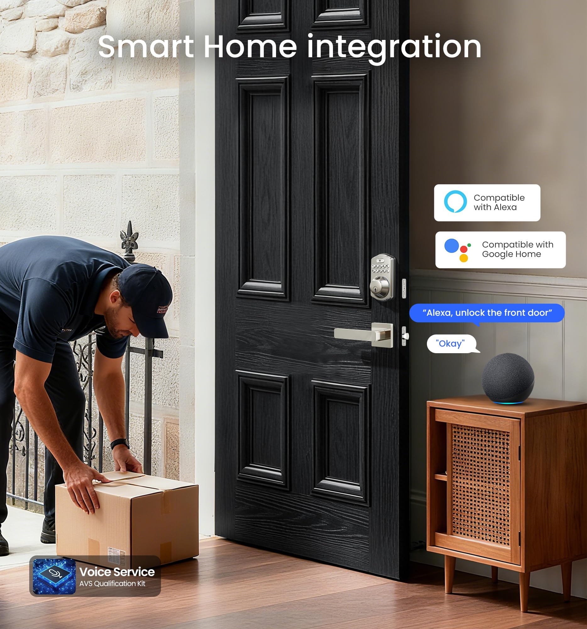 Alexa and Google Home compatibility lets VE012W-L satin nickel deadbolt unlock hands-free via voice command