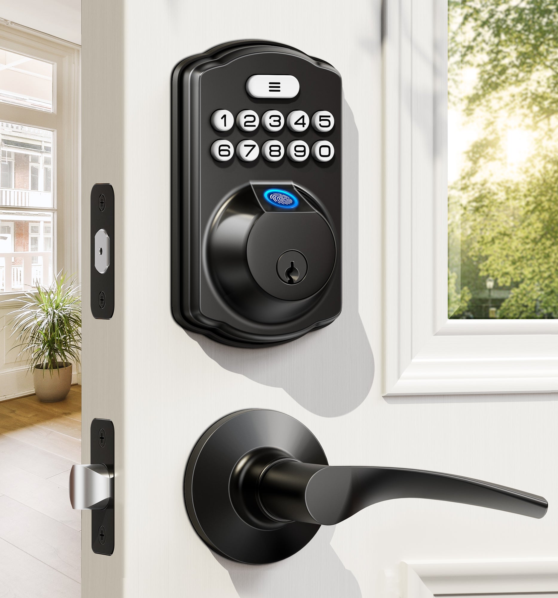 Veise Fingerprint Door Lock with 2 Lever Handles - Keyless Entry Door Lock, Electronic Keypad Deadbolt, Digital Smart Code & Front Handle Sets, Auto-Locking, Easy Installation