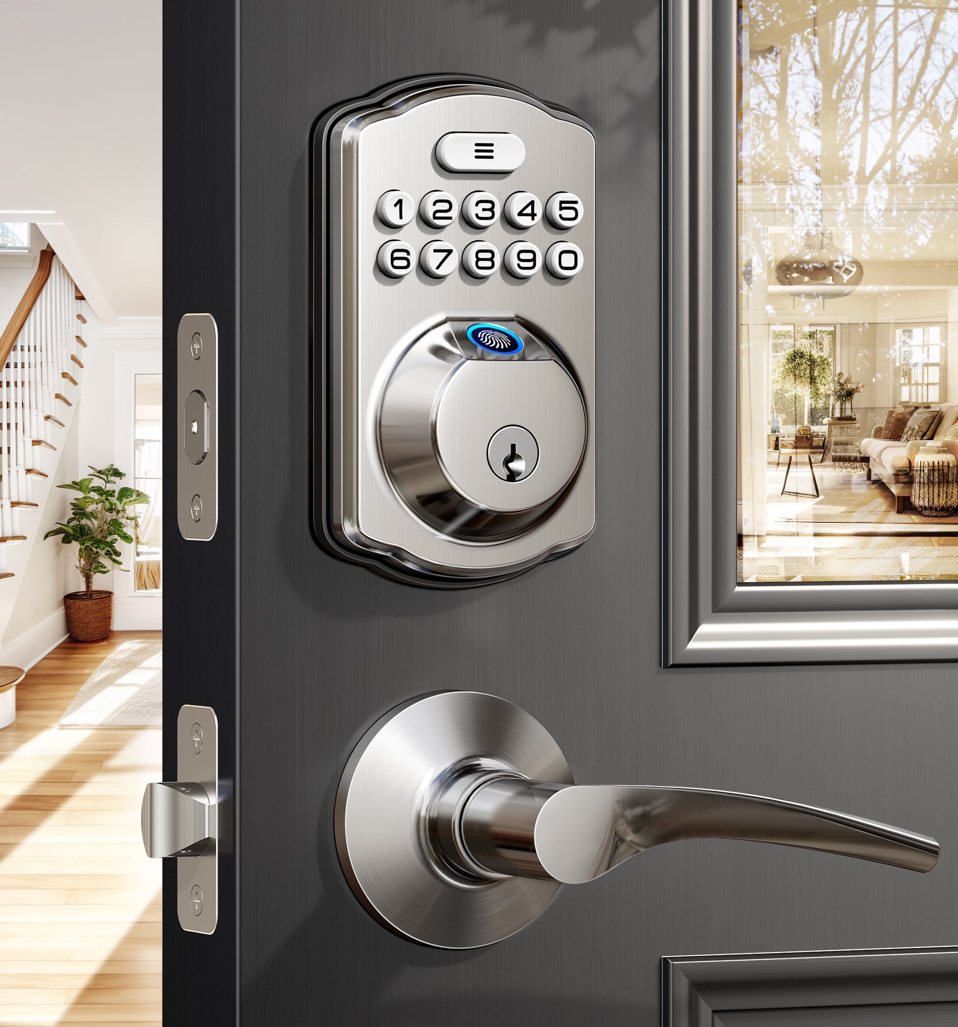 Veise Fingerprint Door Lock with 2 Lever Handles - Keyless Entry Door Lock, Electronic Keypad Deadbolt, Digital Smart Code & Front Handle Sets, Auto-Locking, Easy Installation