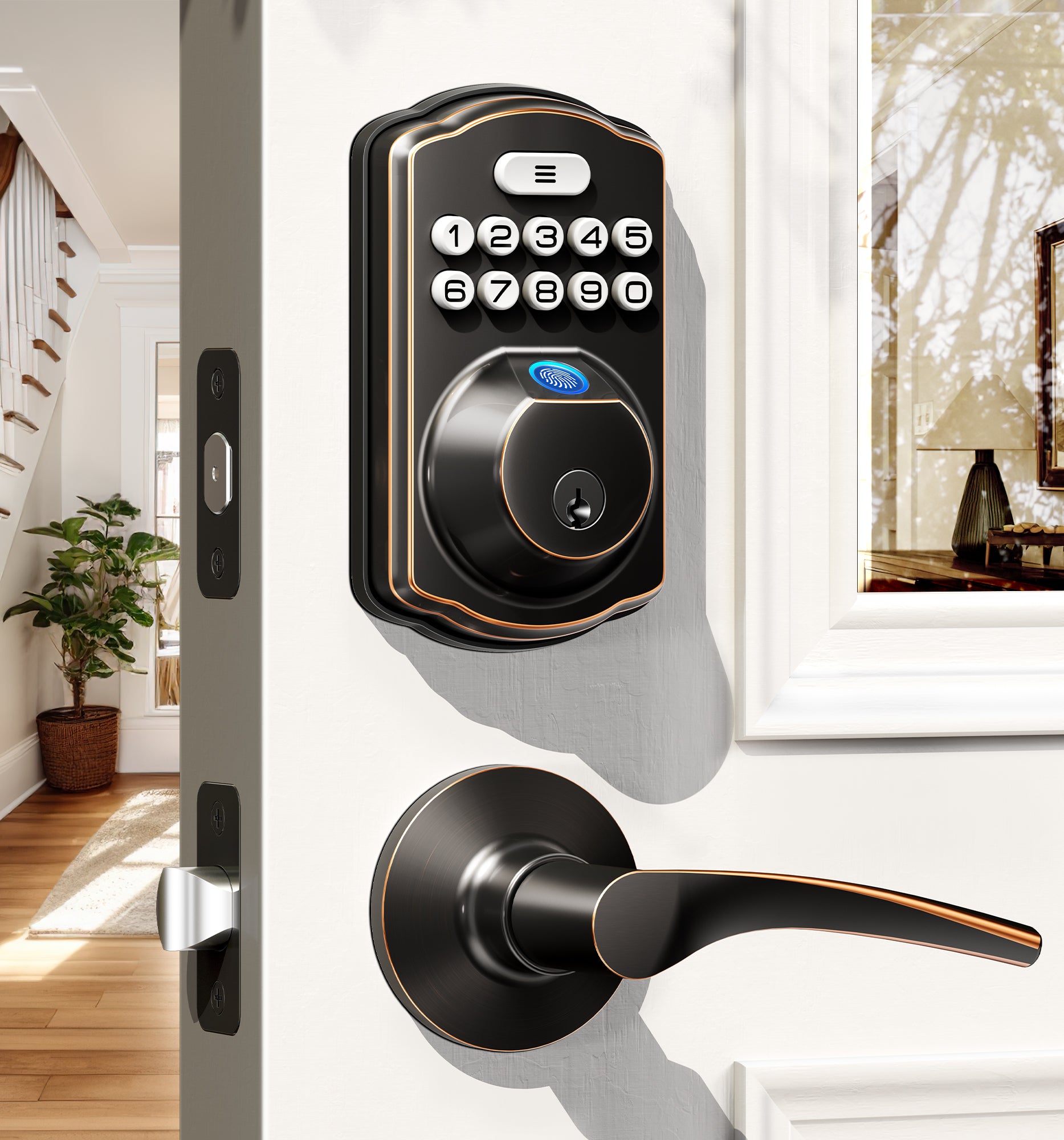 Veise Fingerprint Door Lock with 2 Lever Handles - Keyless Entry Door Lock, Electronic Keypad Deadbolt, Digital Smart Code & Front Handle Sets, Auto-Locking, Easy Installation