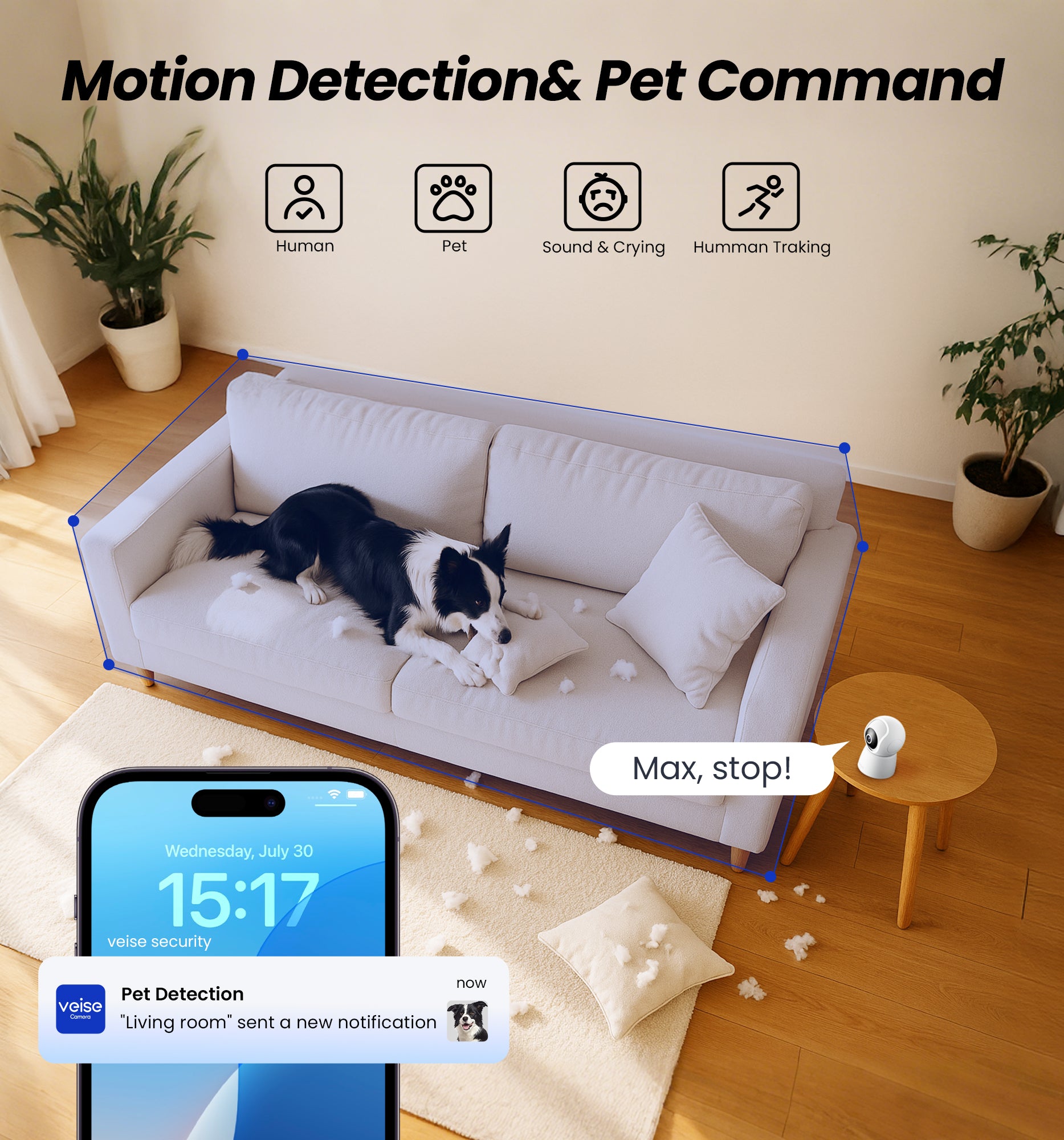Veise 2K Indoor Security Camera 2.4GHz, 360° Pan/Tilt Pet Camera with Motion Tracking, 2-Way Audio, Night Vision, Cloud/SD Storage, Compatible with Voice Assistant , White