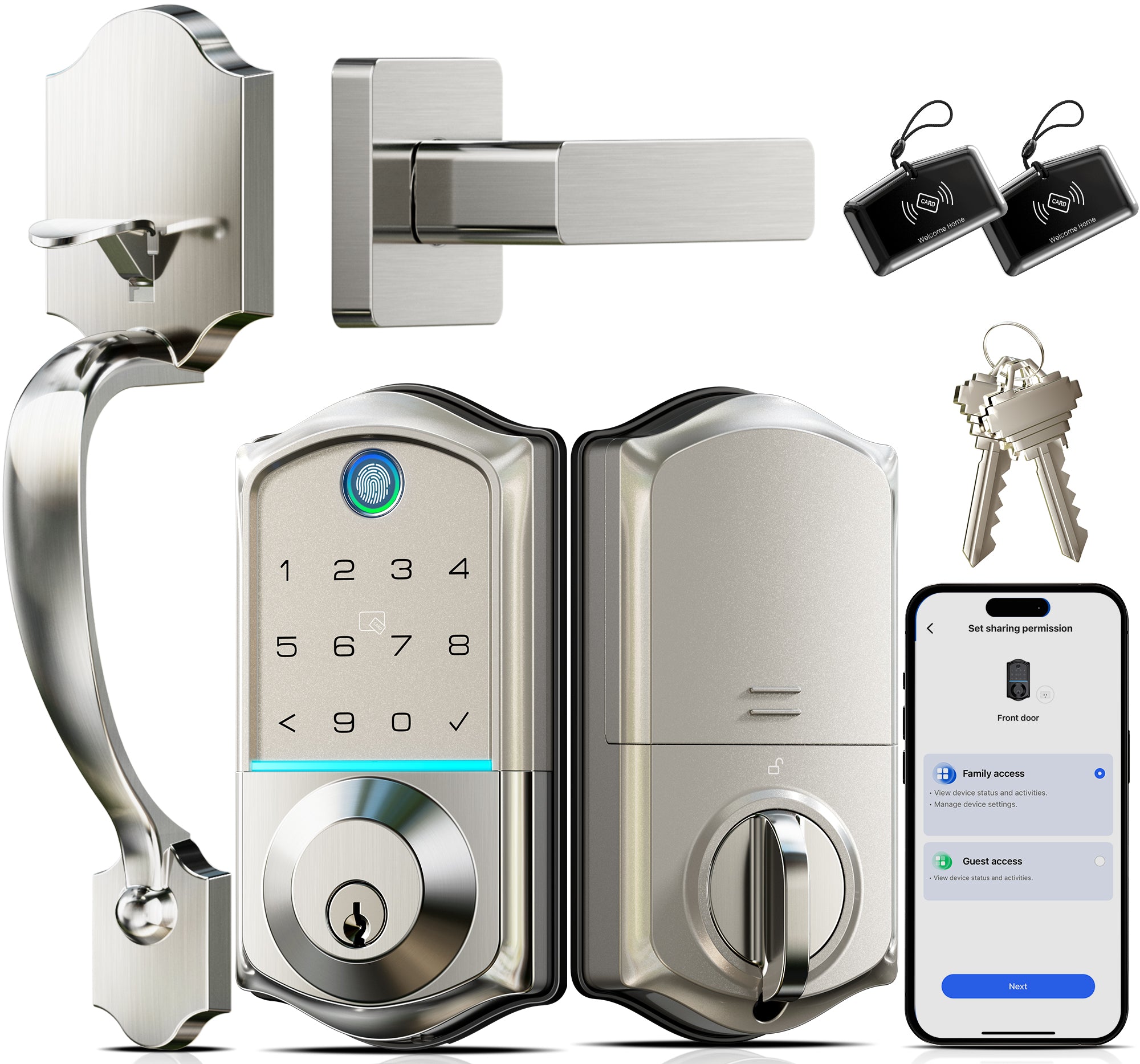 Veise VE017-H Fingerprint Smart Front Door Lock Set, App Control, Keyless Entry Door Lock with Handle, Smart Deadbolt, Emergency Power Port, Digital Touchscreen Keypad, Auto Lock, Easy Install, Matte Black