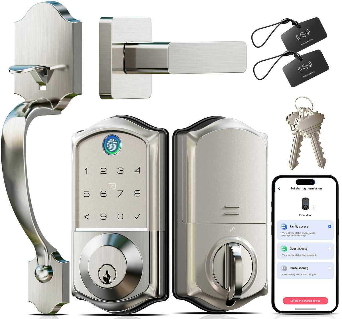 Veise VE017-H Fingerprint Smart Lock with Handle Set #Color_Satin Nickel