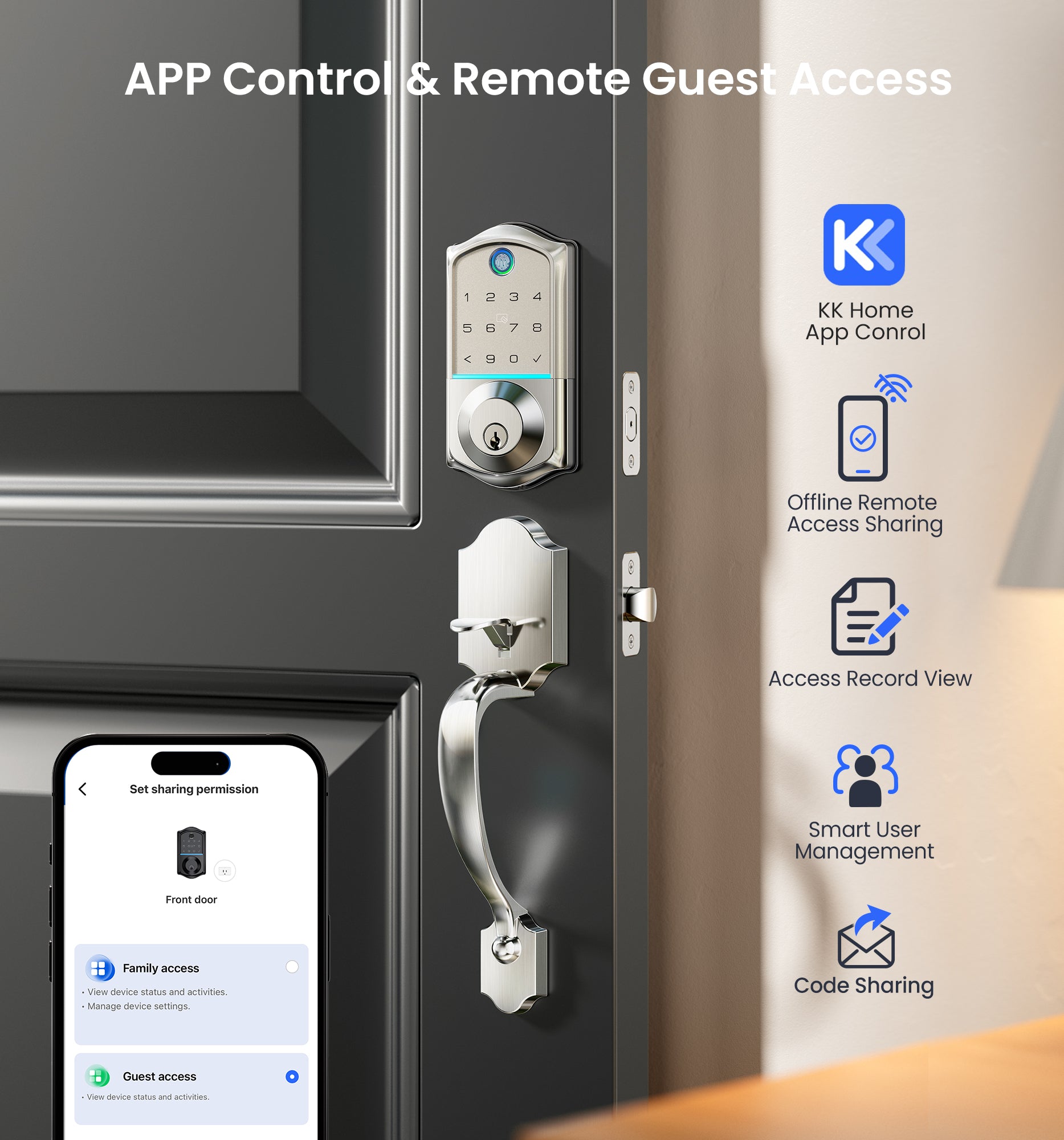 Veise VE017-H Fingerprint Smart Front Door Lock Set, App Control, Keyless Entry Door Lock with Handle, Smart Deadbolt, Emergency Power Port, Digital Touchscreen Keypad, Auto Lock, Easy Install, Matte Black