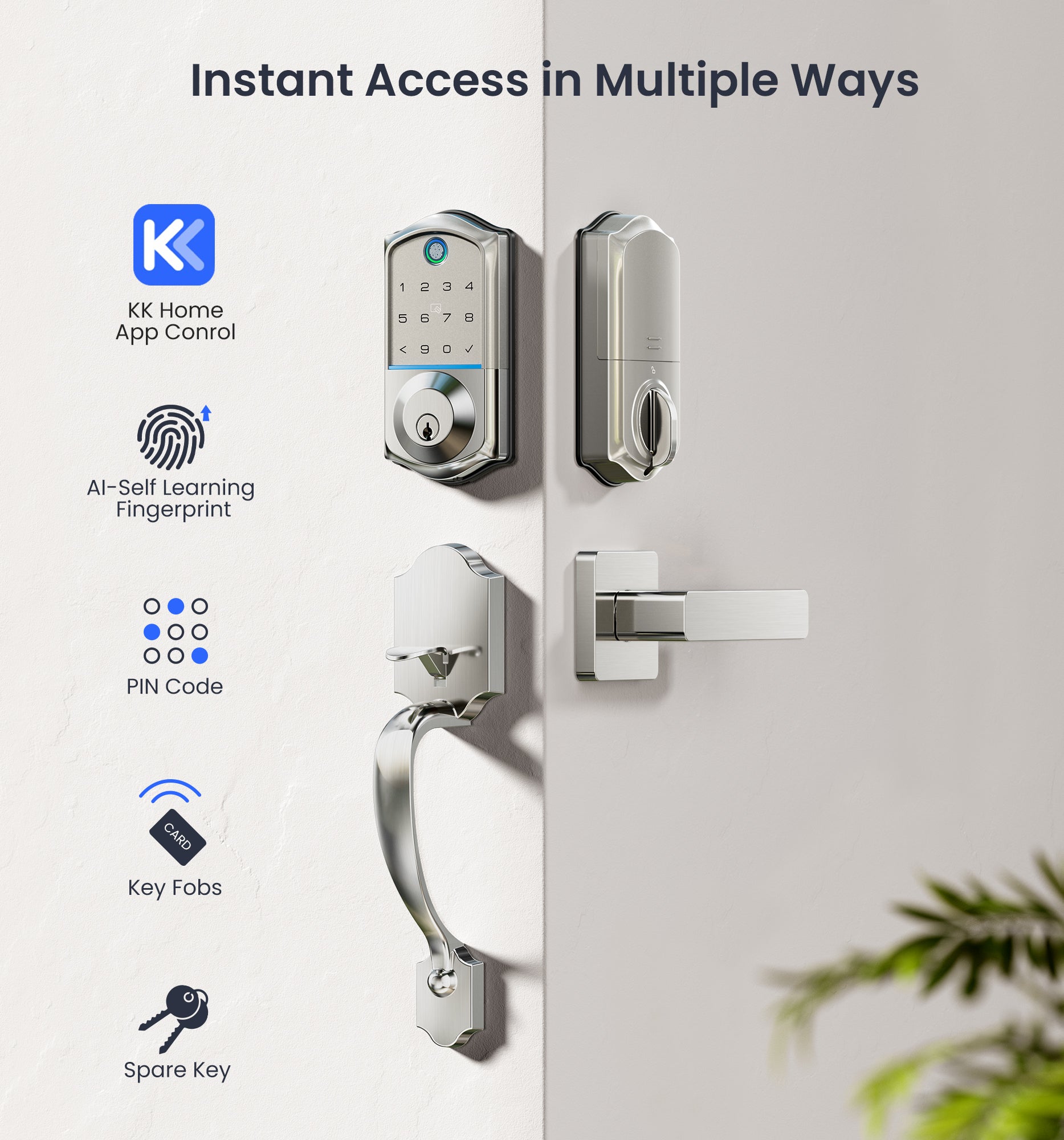 Veise VE017-H Fingerprint Smart Front Door Lock Set, App Control, Keyless Entry Door Lock with Handle, Smart Deadbolt, Emergency Power Port, Digital Touchscreen Keypad, Auto Lock, Easy Install, Matte Black