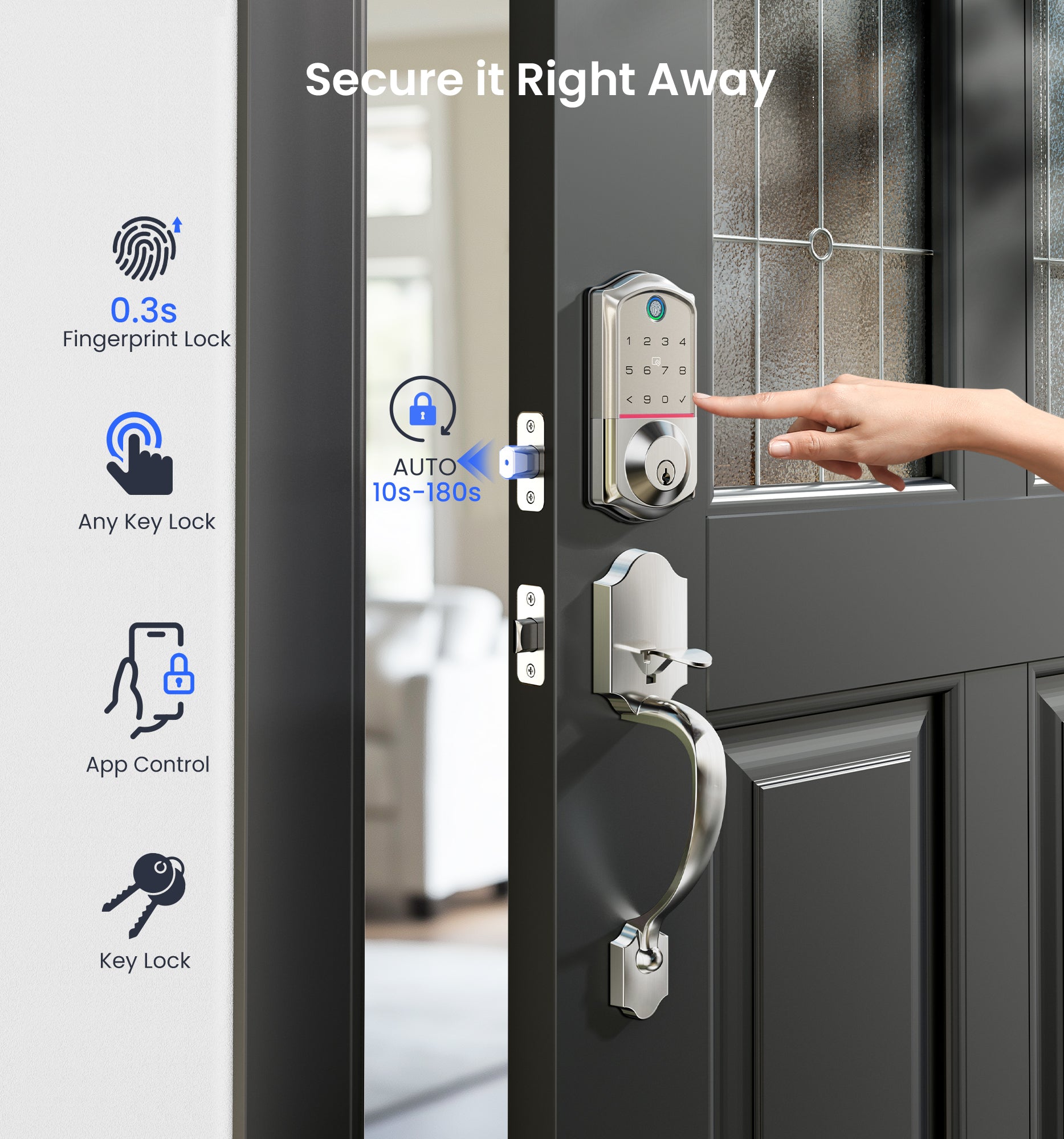 Veise VE017-H Fingerprint Smart Front Door Lock Set, App Control, Keyless Entry Door Lock with Handle, Smart Deadbolt, Emergency Power Port, Digital Touchscreen Keypad, Auto Lock, Easy Install, Matte Black