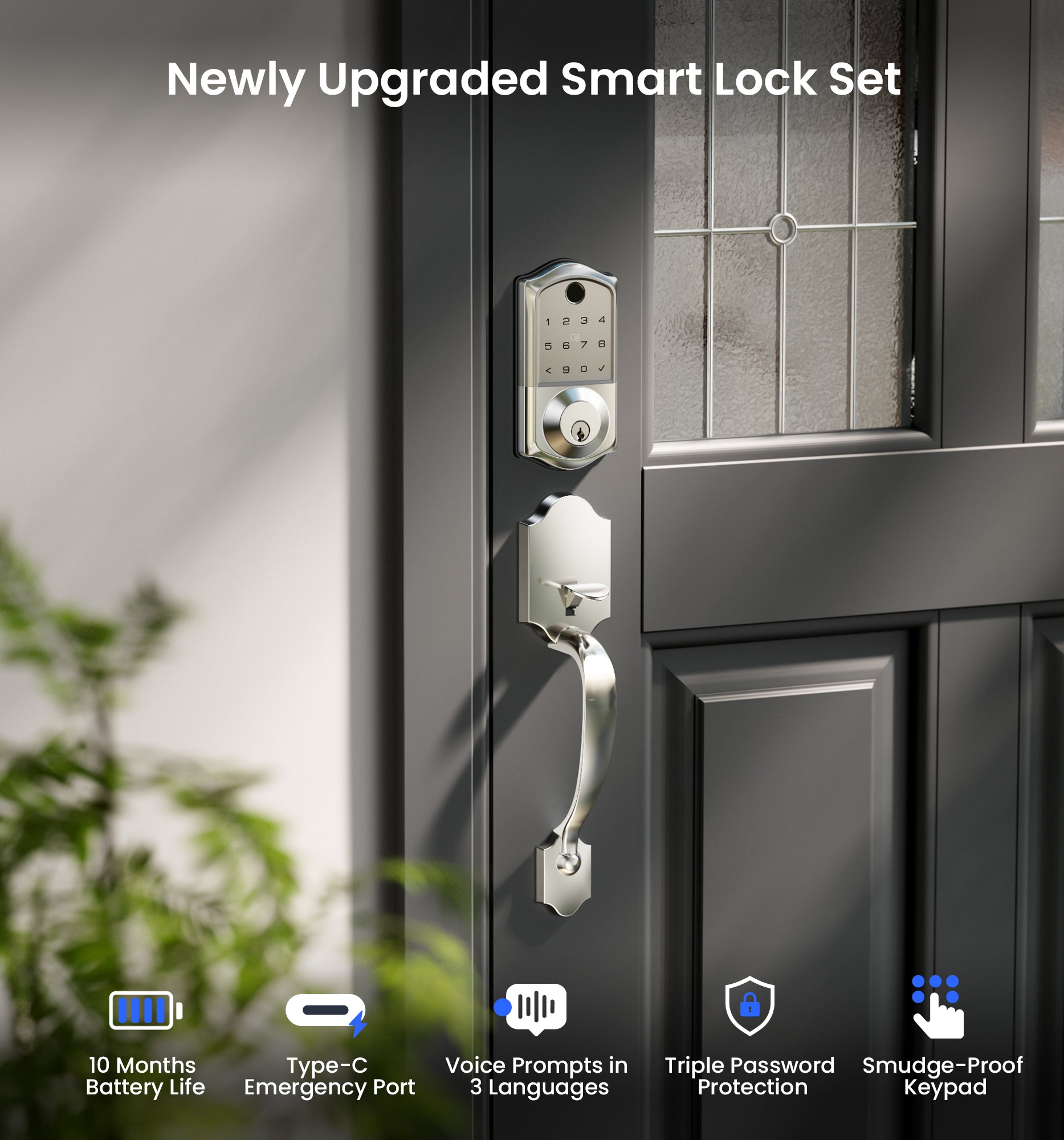 Veise VE017-H Fingerprint Smart Front Door Lock Set, App Control, Keyless Entry Door Lock with Handle, Smart Deadbolt, Emergency Power Port, Digital Touchscreen Keypad, Auto Lock, Easy Install, Matte Black