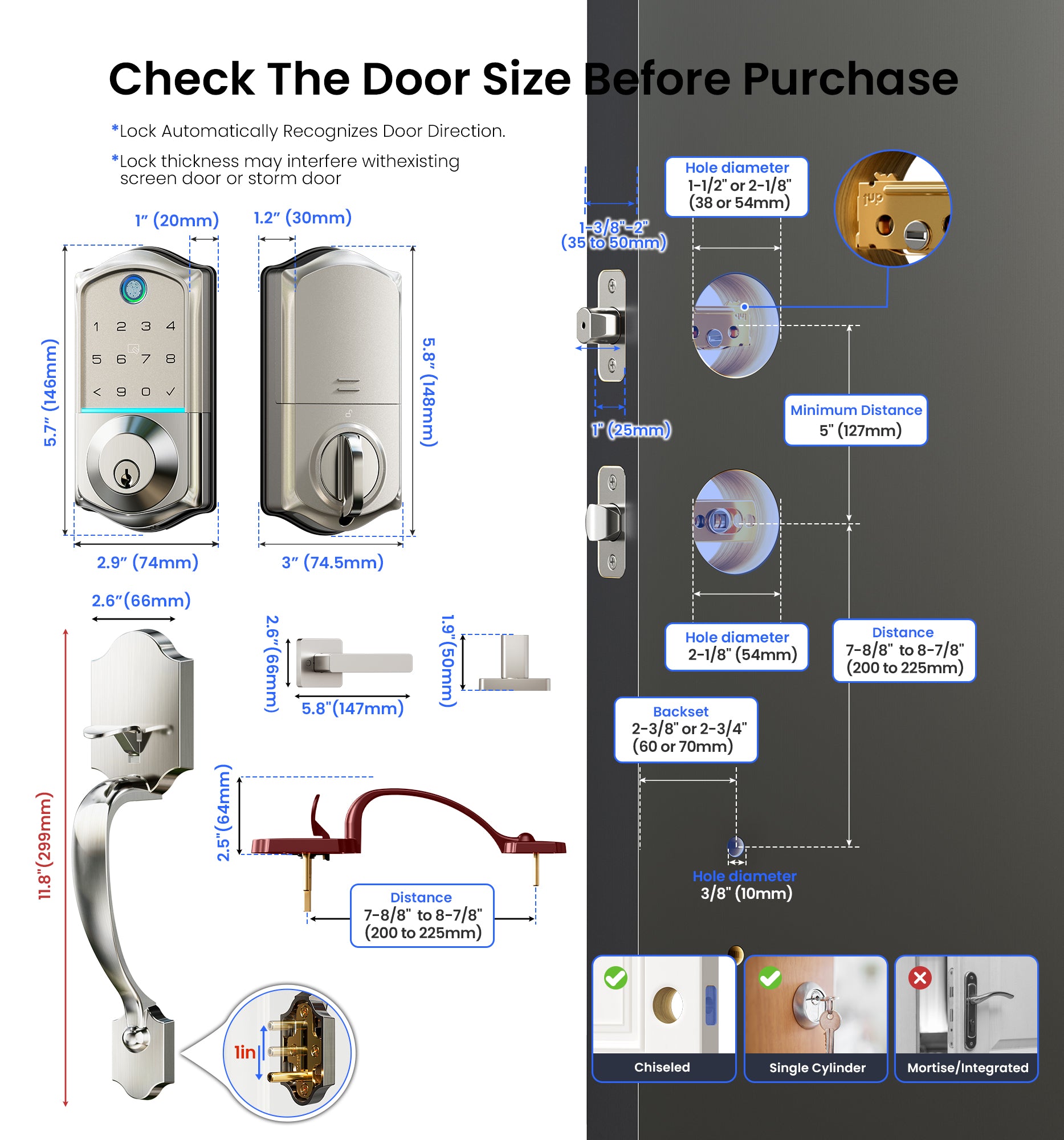 Veise VE017-H Fingerprint Smart Front Door Lock Set, App Control, Keyless Entry Door Lock with Handle, Smart Deadbolt, Emergency Power Port, Digital Touchscreen Keypad, Auto Lock, Easy Install, Matte Black