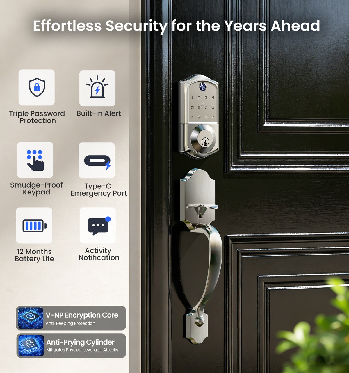 Veise VE017-H Fingerprint Smart Lock with Handle Set #Color_Satin Nickel