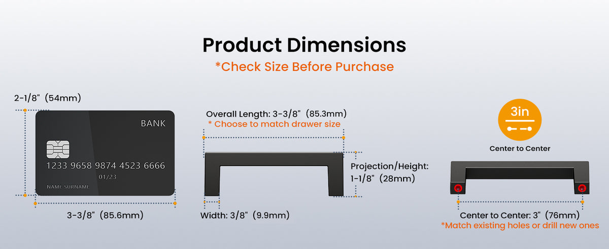 DH-AL04 3 Inch Hole Center Cabinet Handles, Matte Black